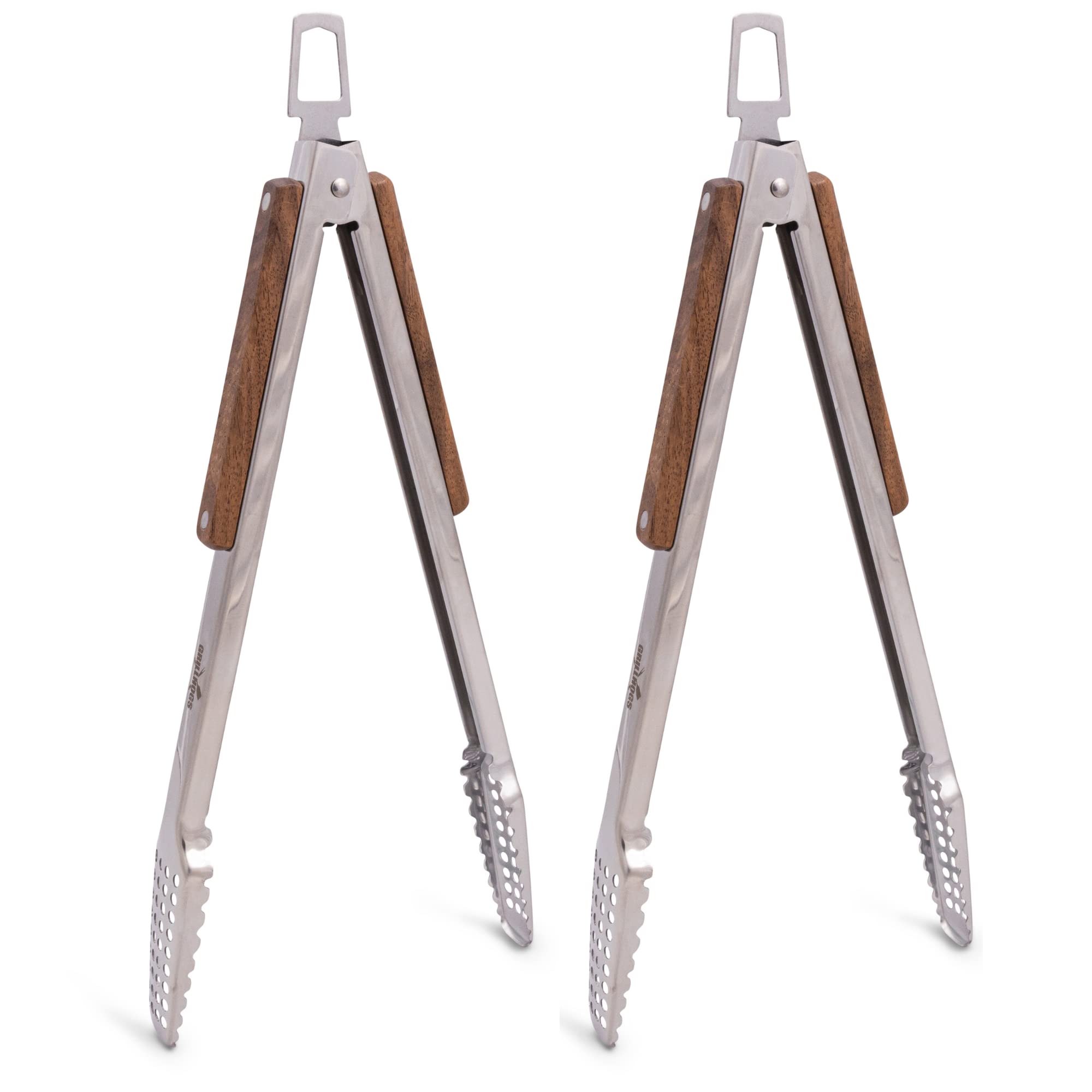GRILLHOGS 12-Inch Stainless Steel BBQ Tongs with Walnut Handle - 2 Pack Heavy Duty Grill Tongs for Meat, Vegetables & Seafood - Perfect for Backyard Grilling, Camping & Outdoor Cooking