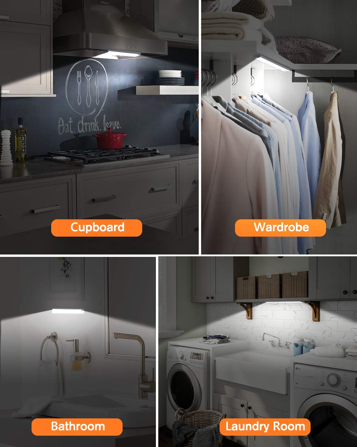PRIORARE Ultra Thin 30 LED Wireless Rechargeable Under Cabinet Lighting with Motion Sensor - Battery Operated Closet Light for Kitchen, Wardrobe, Pantry (Pure White, 2 Pack) - Perfect for Dark Spaces & Nighttime Navigation