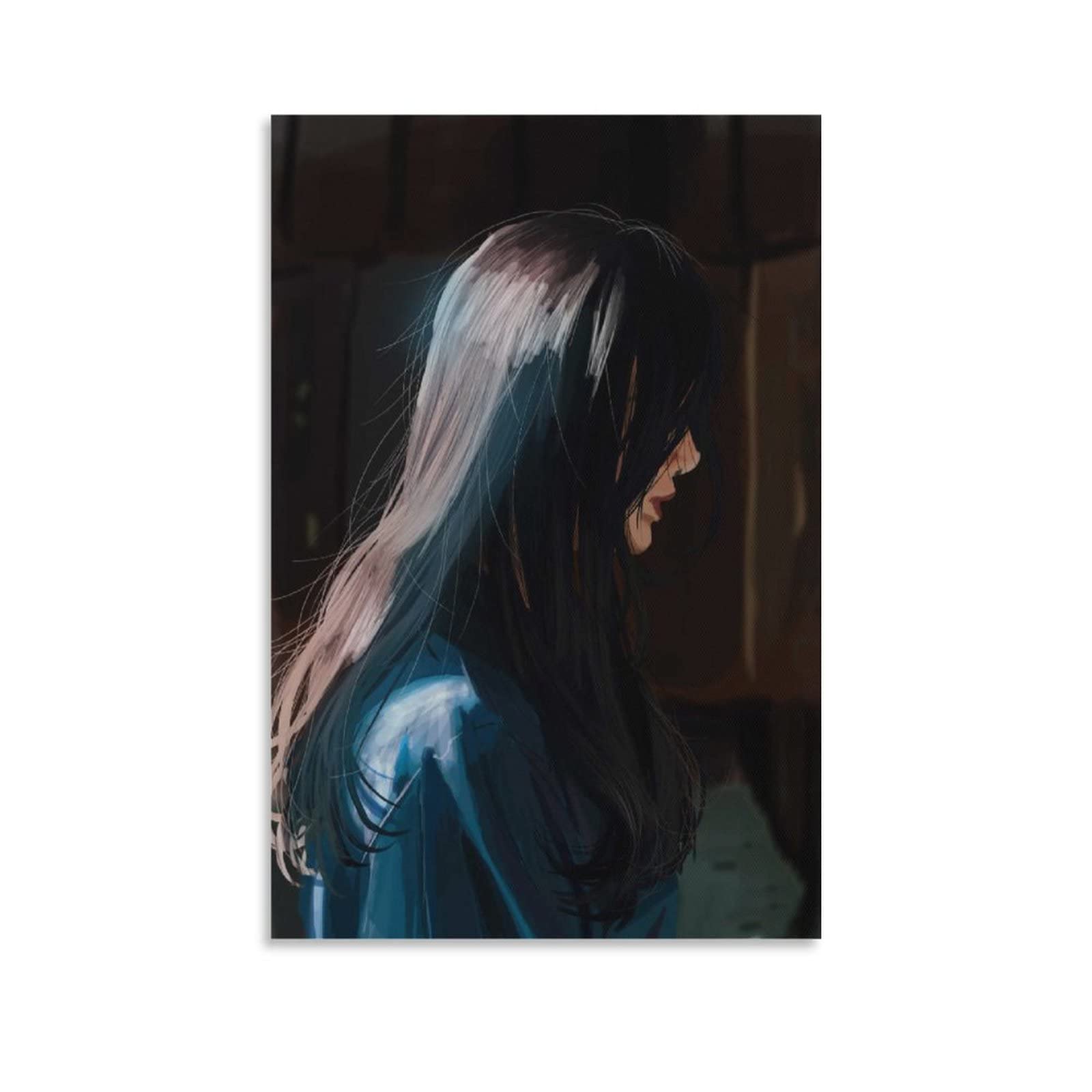 Sad Long-Haired Woman Watercolor Painting - Profile Portrait Canvas Wall Art Poster (8x12 inches / 20x30cm) - Perfect for Bedroom, Living Room & Office Decor