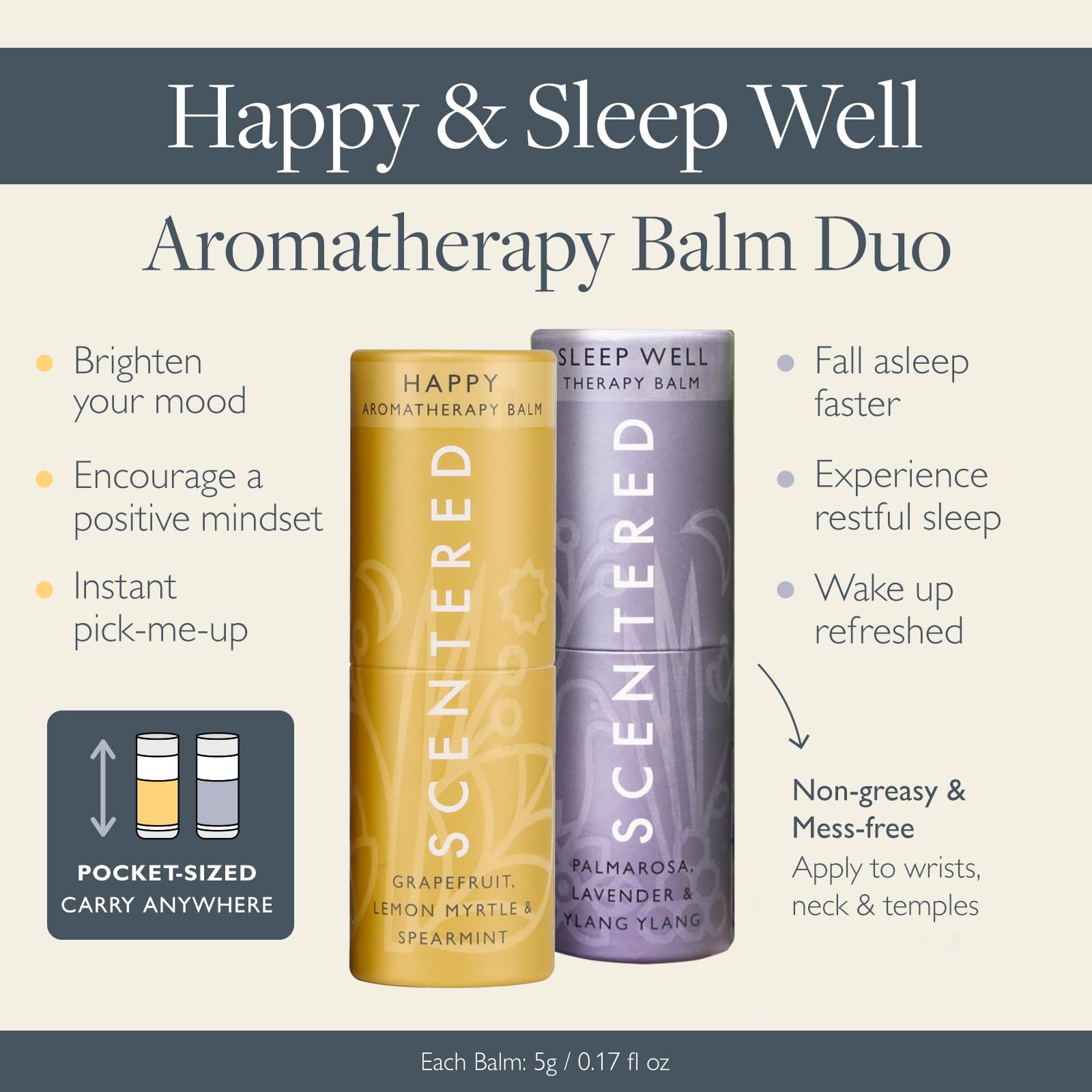 Scentered Aromatherapy Balm Stick Duo for Sleep Support & Mood Boost - Essential Oil Roll-On with Lemon Myrtle, Lavender & Ylang Ylang - Natural Stress Relief & Relaxation Gift for Women - Perfect for Bedtime, Travel & Self-Care