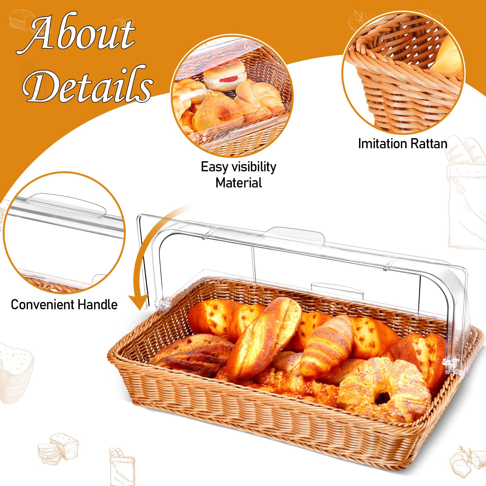2-Pack Wicker Bread Baskets with Acrylic Lids & Serving Tongs - 21.06