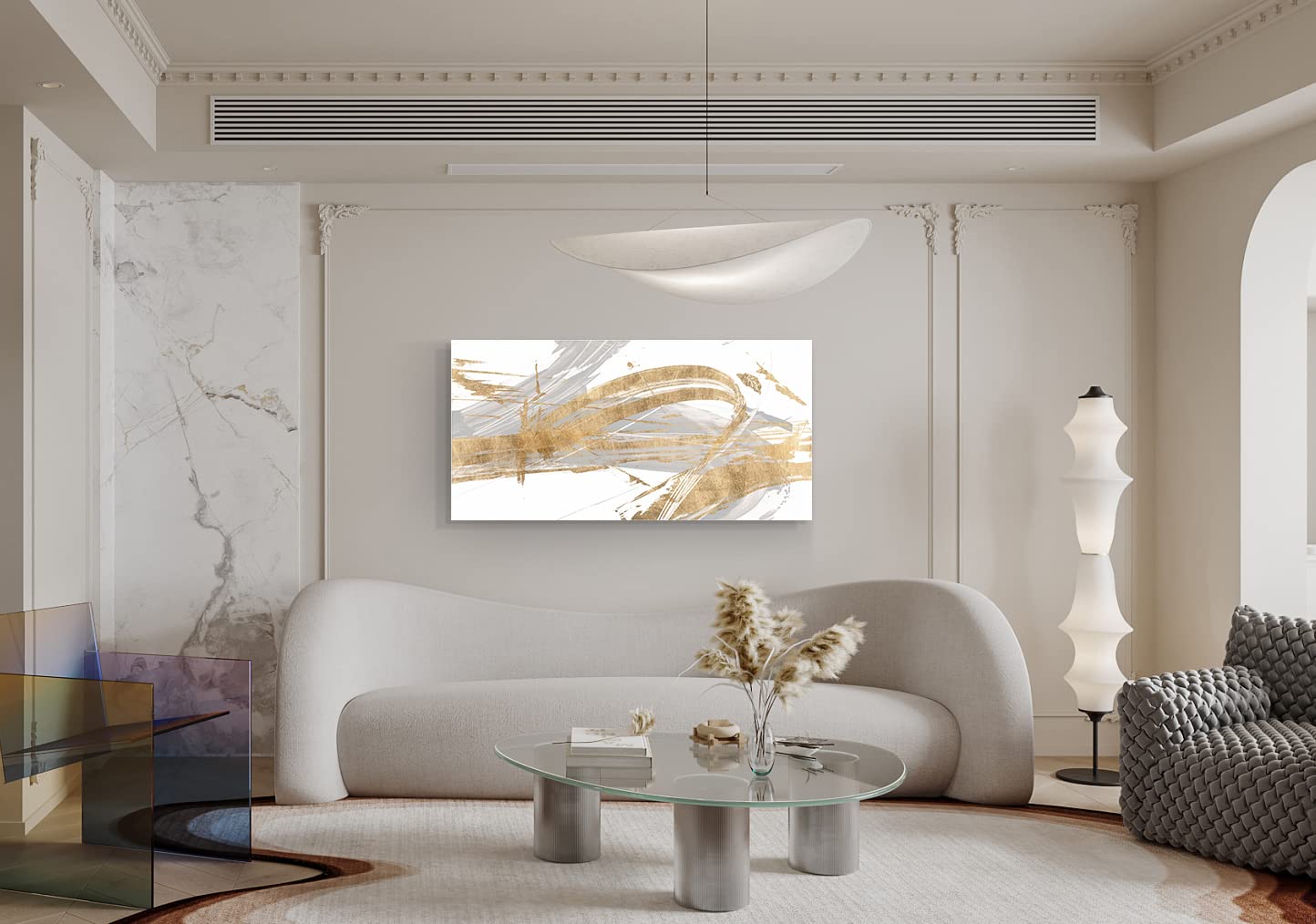 Abstract Wall Art Canvas Print - Grey & Gold Line Modern Framed Painting 24x48 inches (60x120cm) for Living Room, Bedroom, Office & Bathroom Decor | Contemporary Home Artwork for Stylish Interior Design