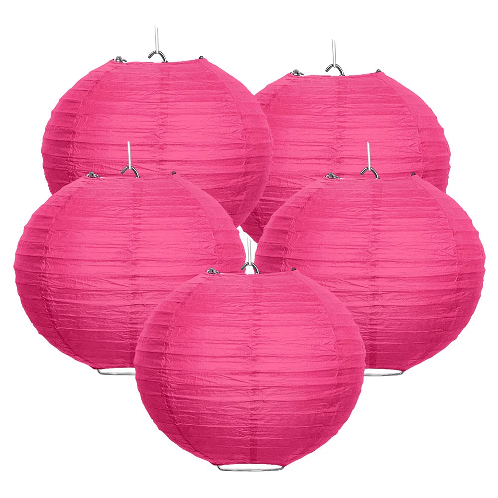 WIRESTER 5 Pack 14 Inch Tissue Paper Lanterns - Fuchsia Party Decorations for Wedding, Birthday, Baby Shower | Indoor & Outdoor Festive Lighting Decor