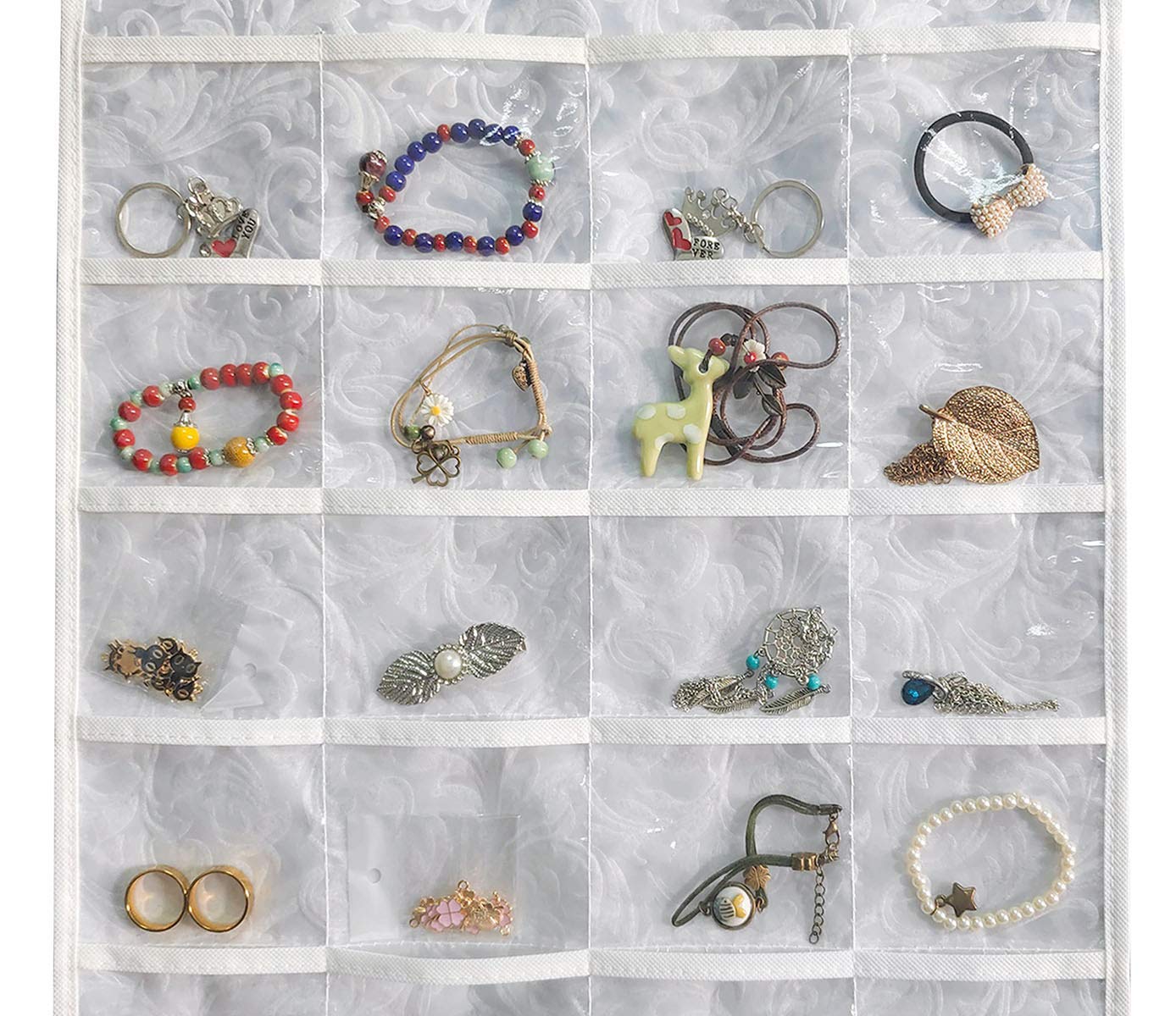 Double Sided Hanging Jewelry Organizer with 80 Clear PVC Pockets - Embossed Pattern Jewelry Storage for Necklaces, Earrings & Bracelets - Perfect for Closet, Bathroom & Travel Organization (White)