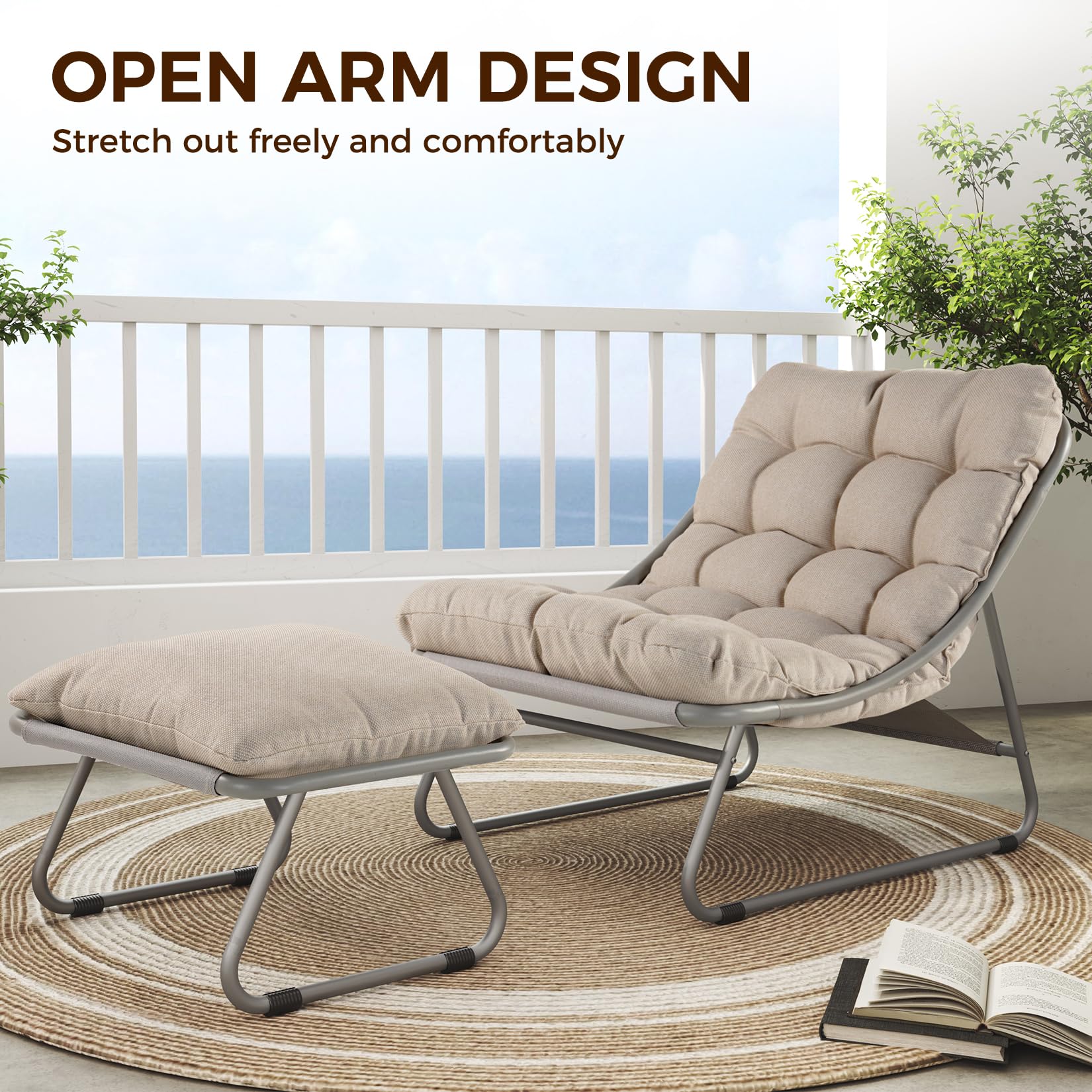 Premium Outdoor Lounge Chair Set with Foot Stool - Comfortable Sling Recliner with Plush Cushion & Adjustable Footrest - Modern Patio Furniture for Porch, Deck, Garden, Poolside - Champagne Gray - Perfect for Relaxing, Sunbathing & Outdoor Entertaining