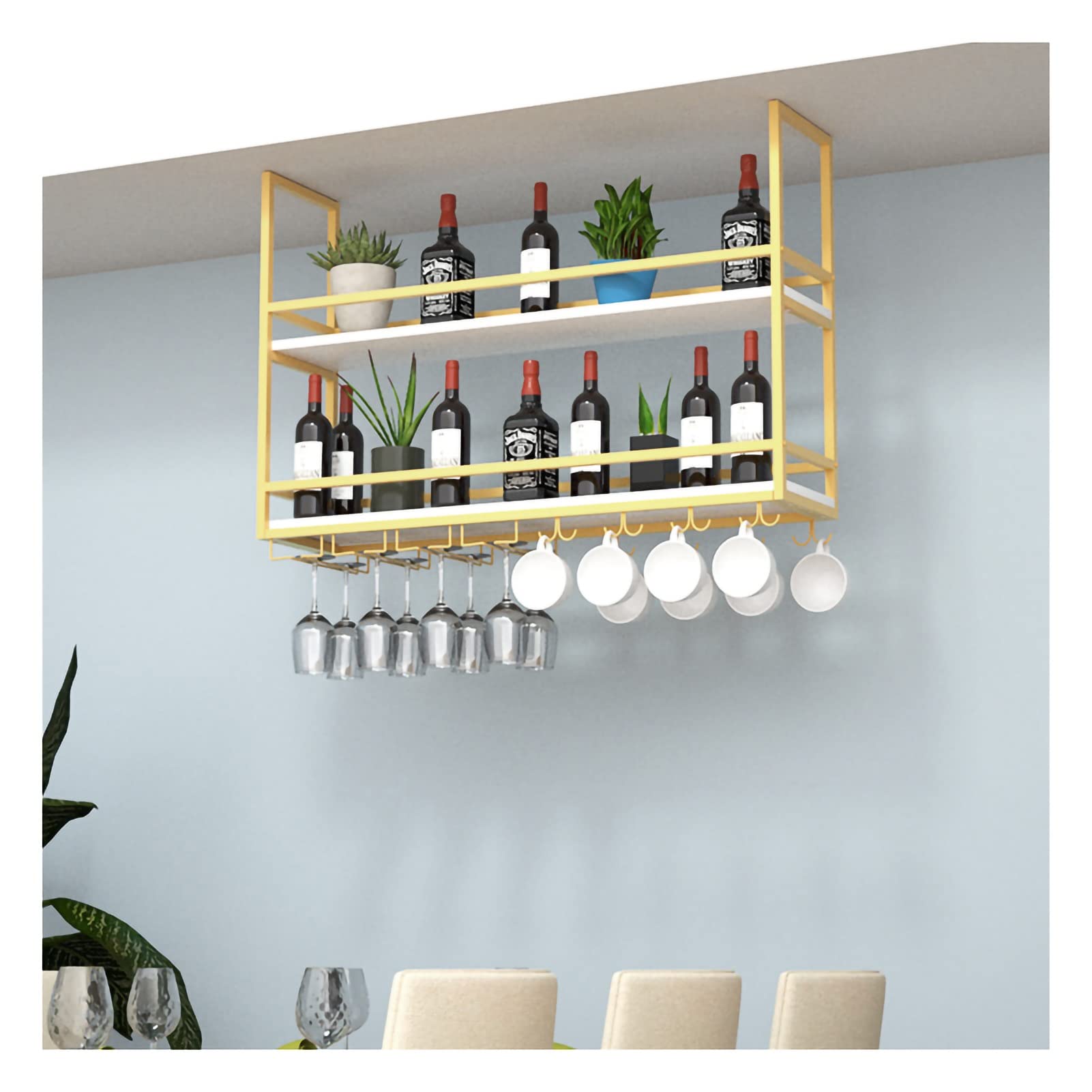 BCGT 2-Tier Ceiling Mount Shelf - Hanging Storage Shelf for Kitchen, Bathroom, Living Room - Multifunctional Decorative Shelf for Plants, Books & Decor - Easy Install for Home, Bars & Restaurants