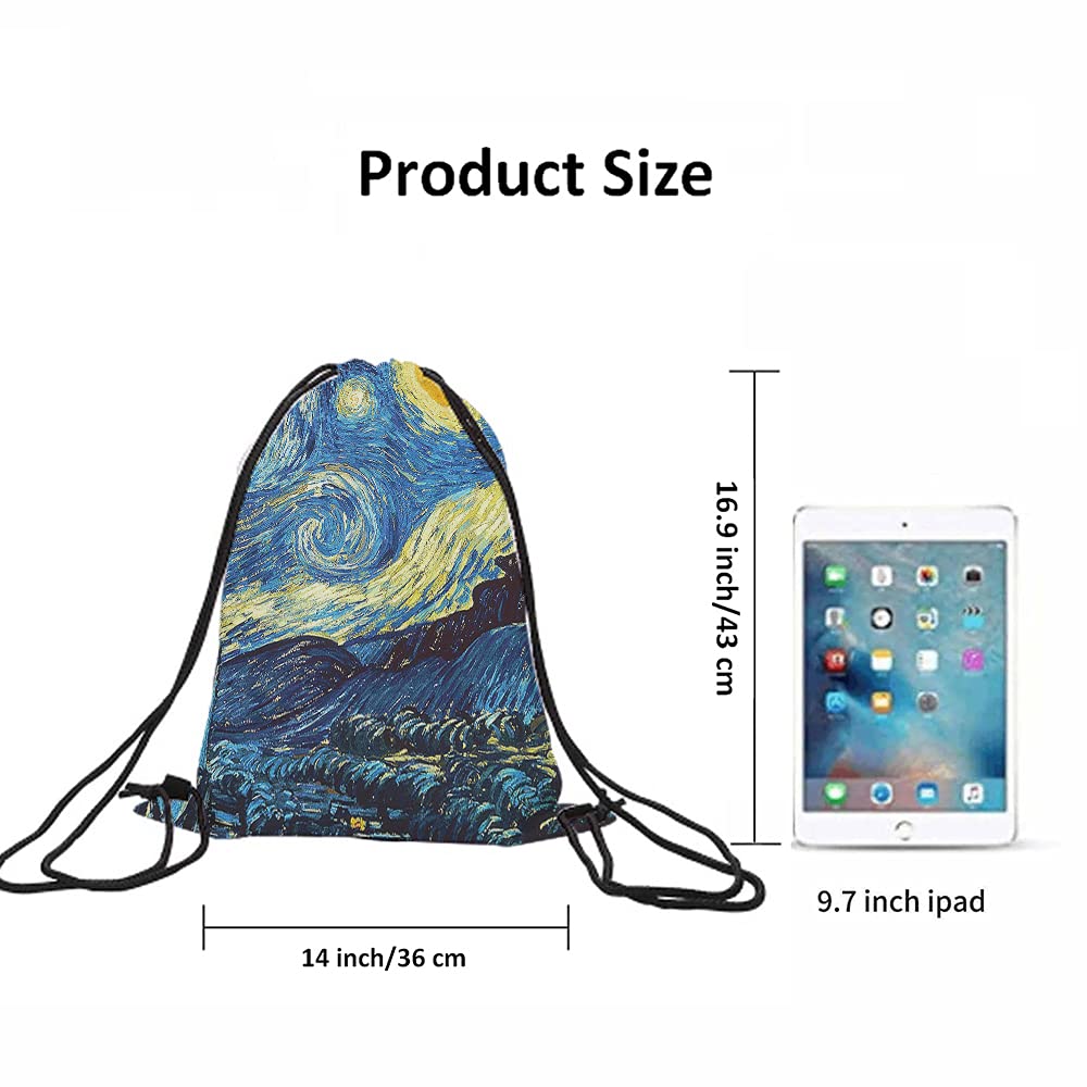 Van Gogh Starry Night Backpack - Classic Art Painting Drawstring Bag for Gym, Yoga & Travel | Moon & Stars Universe Design | Sport Sack for Men & Women | Perfect for Workouts, Beach & Daily Use