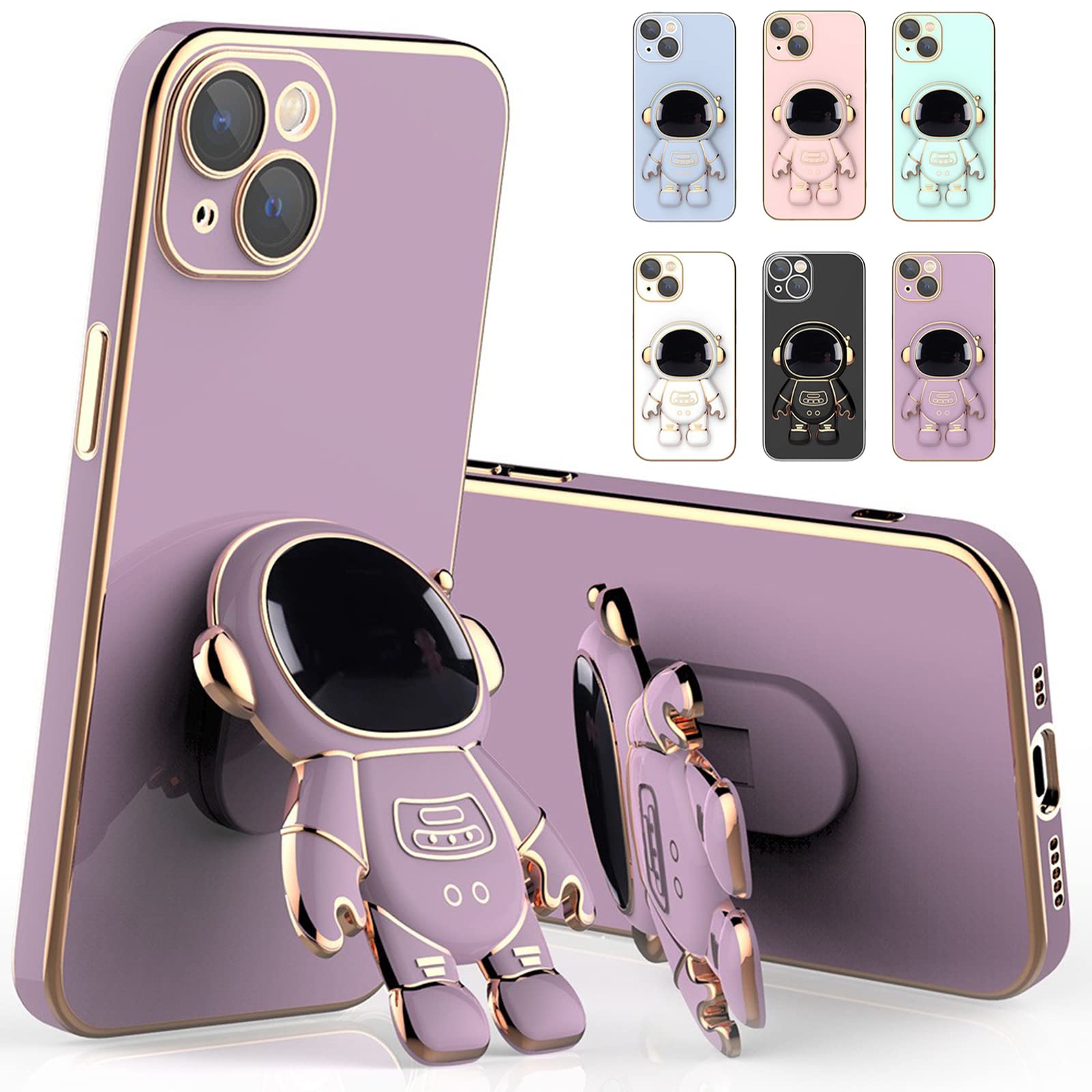 Astronaut Themed 6D Plating Phone Case with Stand for iPhone 14/14 Plus/14 Pro Max - Shockproof Protective Cover in Purple | Perfect for Space Enthusiasts & Everyday Use