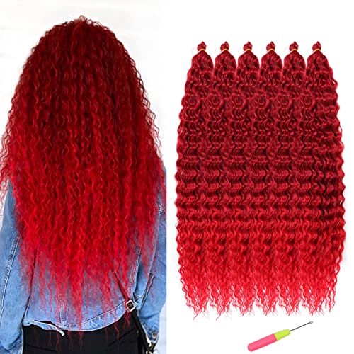 Ombre Ocean Wave Crochet Hair Extensions 30in - Soft Synthetic Deep Wave Hair Weft (6 Pack) - Burgundy Red Curly Crochet Braids for Women - Perfect for Protective Styles, Boho Looks & Festival Hairstyles