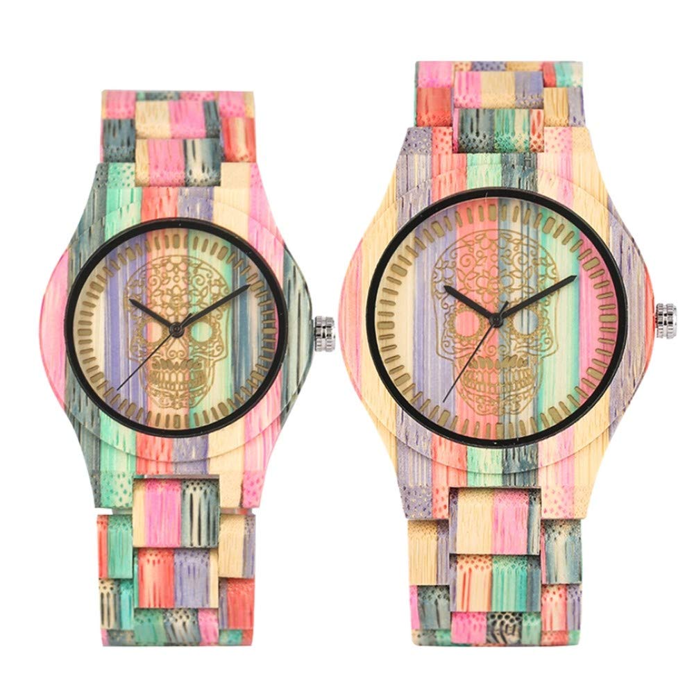 **OIFMKC Wooden Couple Watches - Engraved Skull Skeleton Design, Adjustable Bamboo Wood Band for Men & Women - Luxury Unisex Gift for Couples, Anniversaries & Romantic Occasions**