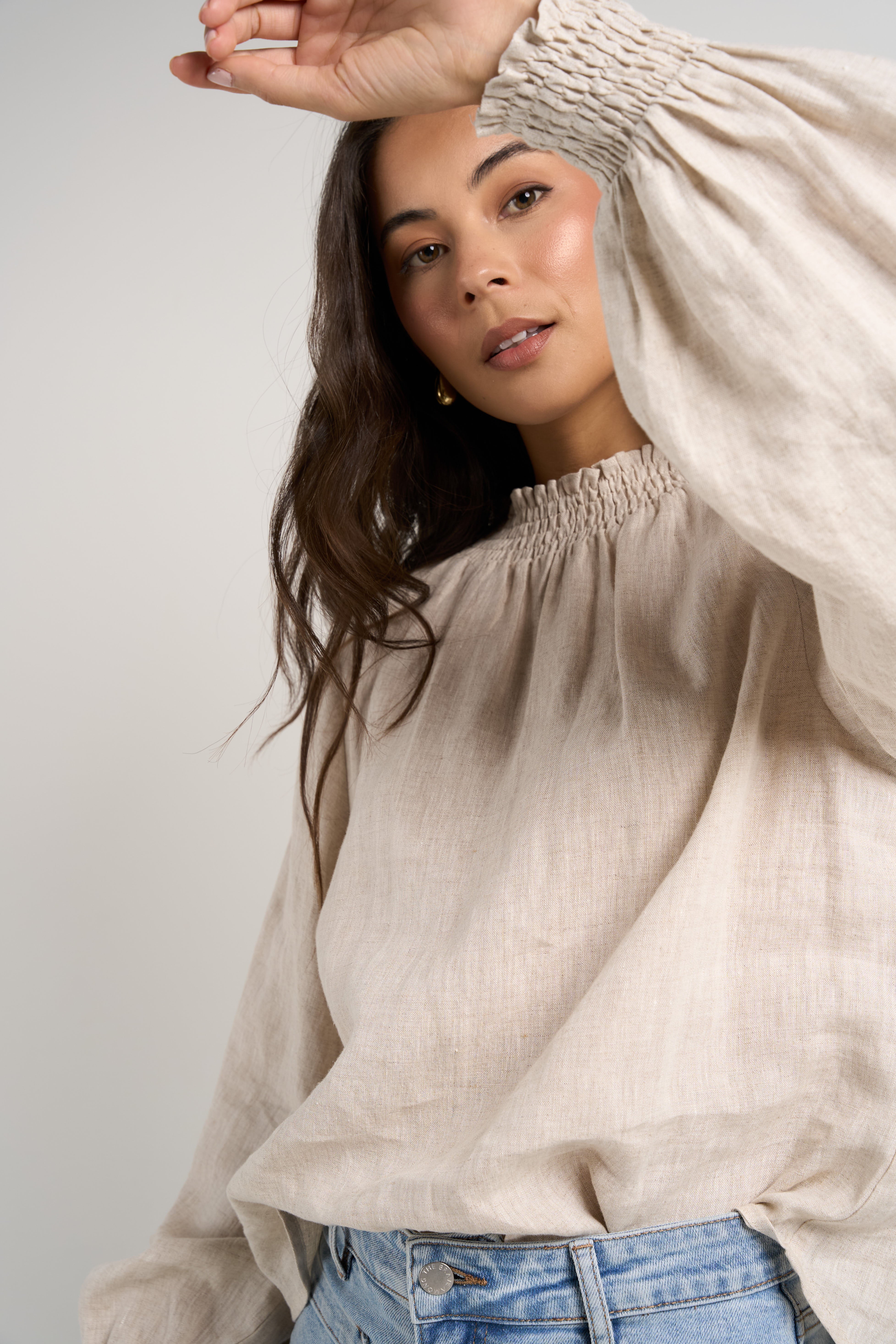 Natural Linen Shirred Neck Long Sleeve Top for Women - Boho Chic Blouse for Casual Wear, Office & Date Nights