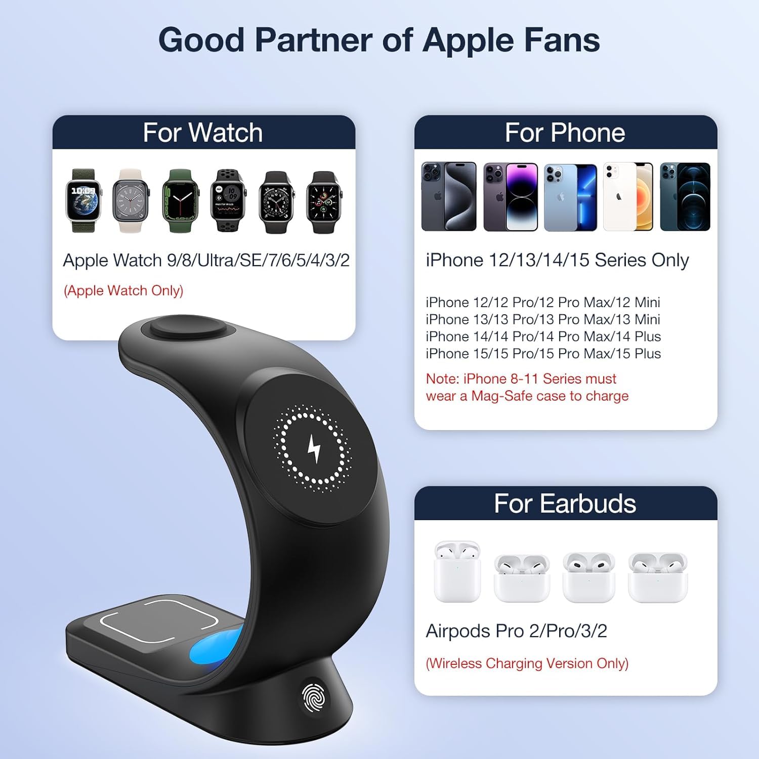 4-in-1 Magnetic Wireless Charging Station - Fast Charger Stand for iPhone 16/15/14/13/12 Series (Pro/Max), Apple Watch 2-9 & AirPods with RGB LED Night Light | Multi-Device Charging Dock for Bedroom, Office & Travel