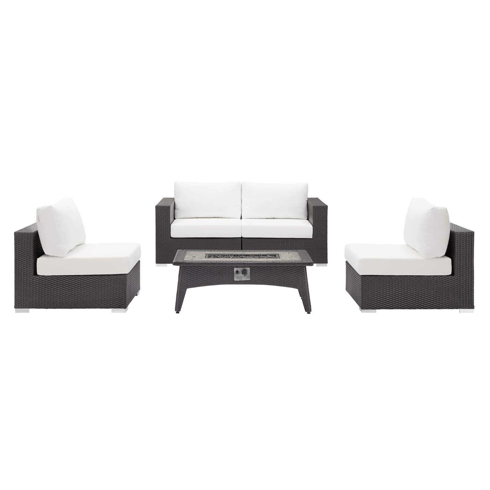 Modern Outdoor Patio Lounge Set - 3-Piece Wicker Sofa, Chair & Coffee Table with Fire Pit - White Rattan Furniture for Backyard, Garden, Poolside Relaxation