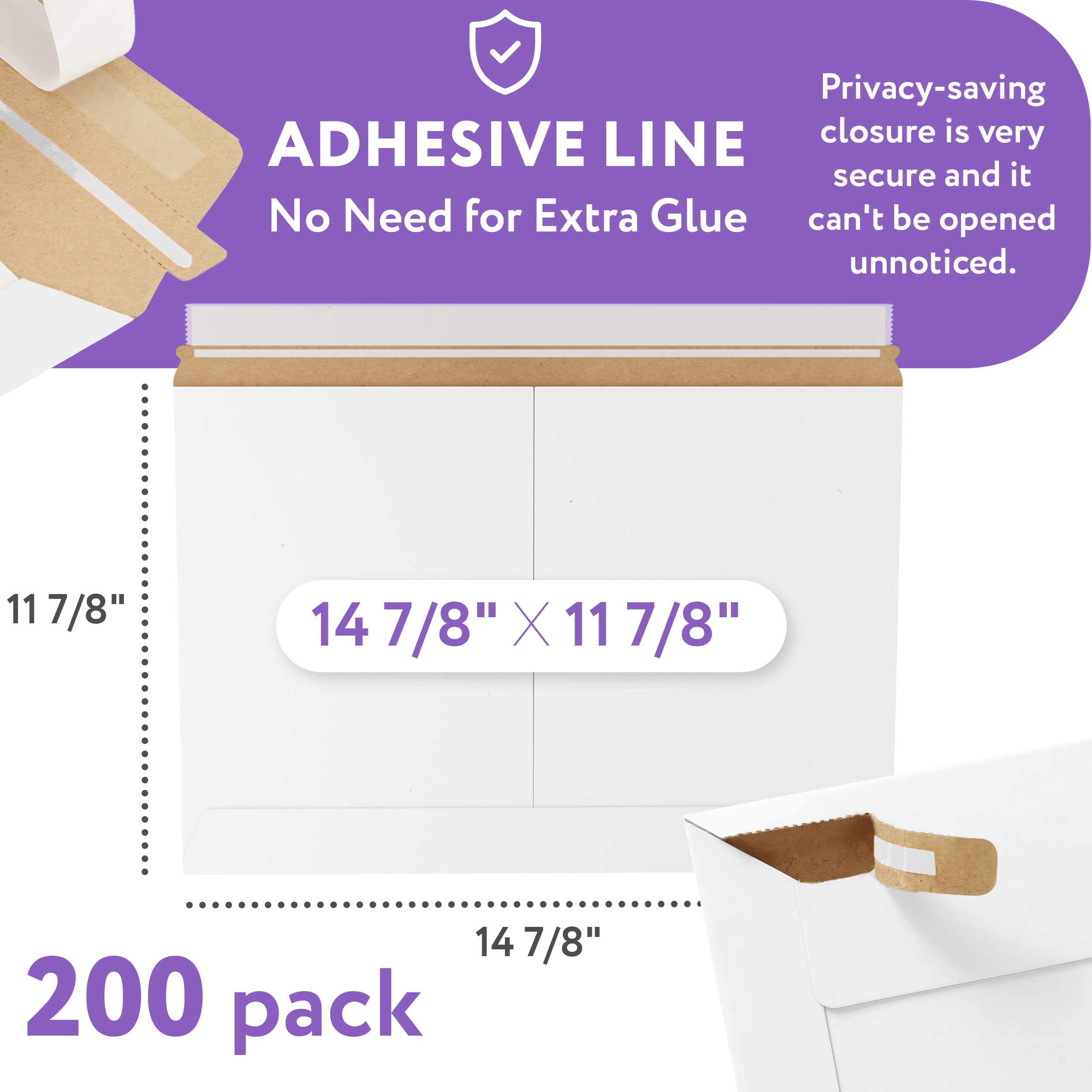 APQ White Rigid Mailers 14 7/8 x 11 7/8 Inches - Pack of 200 Sturdy Cardboard Photo Mailer Envelopes with Self-Seal Closure | Recyclable Flat Shipping Envelopes for Photos, Documents & Small Packages | Perfect for Ecommerce, Online Sellers & Small Business Shipping