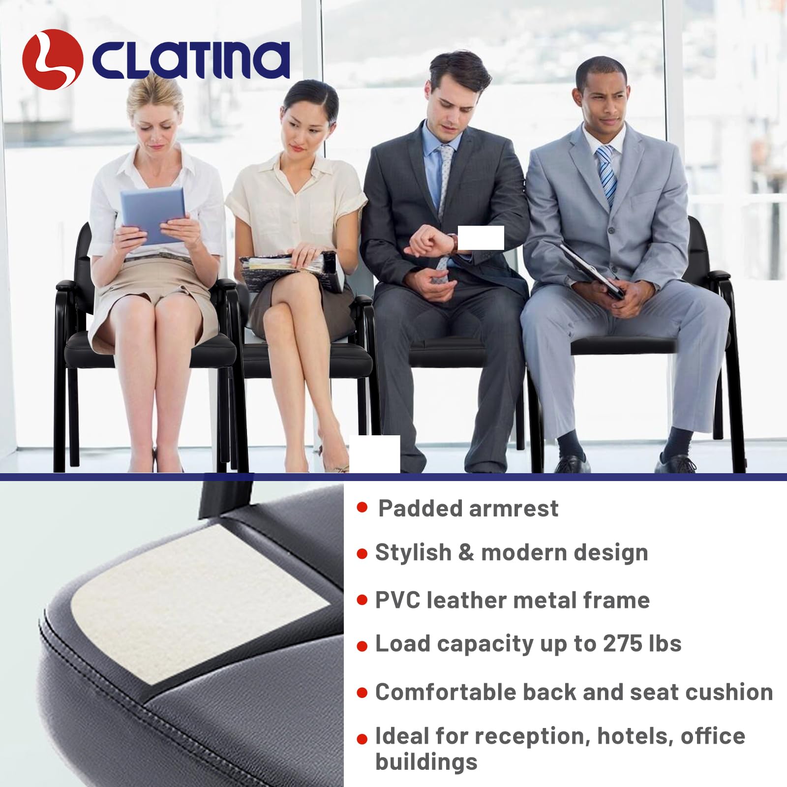 CLATINA Leather Office Guest Chair - Padded Arm Reception Chair for Conference Room, Waiting Area & Desk - No Wheels Ergonomic Seating for Office, Hotel & Business - Set of 1 - Perfect for Lobby, Reception & Visitor Areas