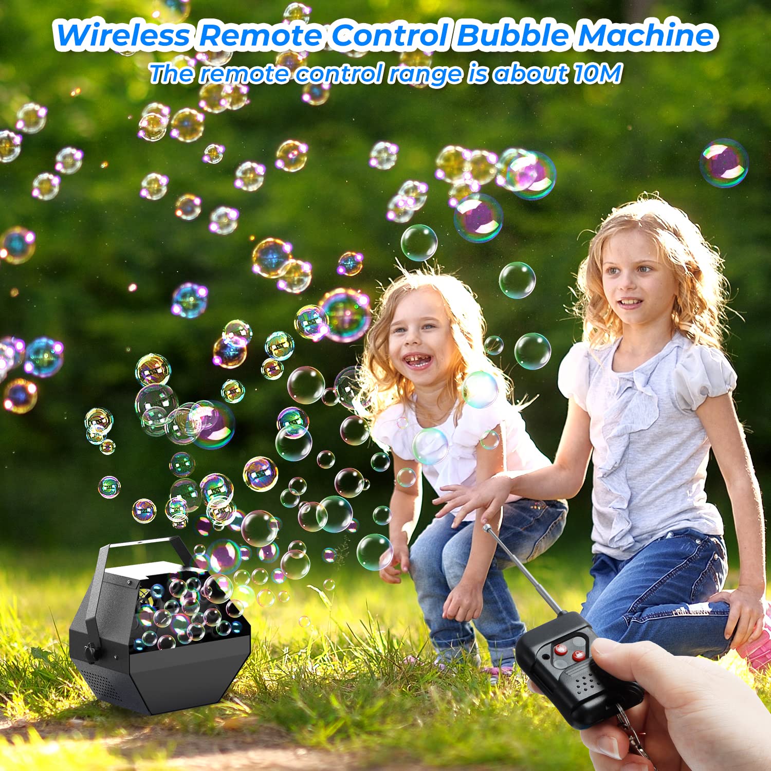 Wireless Remote Control Bubble Machine for Kids - 1000+ Bubbles Per Minute with LED Lights & Smoke Effects | 12 Color Options, 2500CFM Fog Output & Strobe Light | Perfect for Birthday Parties, Outdoor Events & Kids Playtime