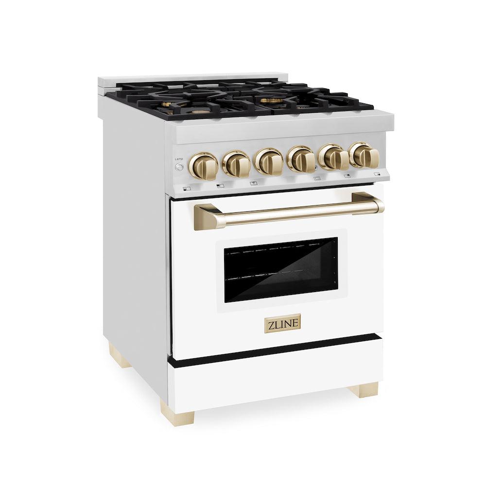 ZLINE Autograph Edition 24-inch 2.8 cu. ft Dual Fuel Range - Stainless Steel Gas Cooktop with 4 Burners & Electric Convection Oven - White Matte Door & Polished Gold Accents (RAZ WM 24 G) | Perfect for Modern Kitchens, Home Chefs & Luxury Appliance Upgrades