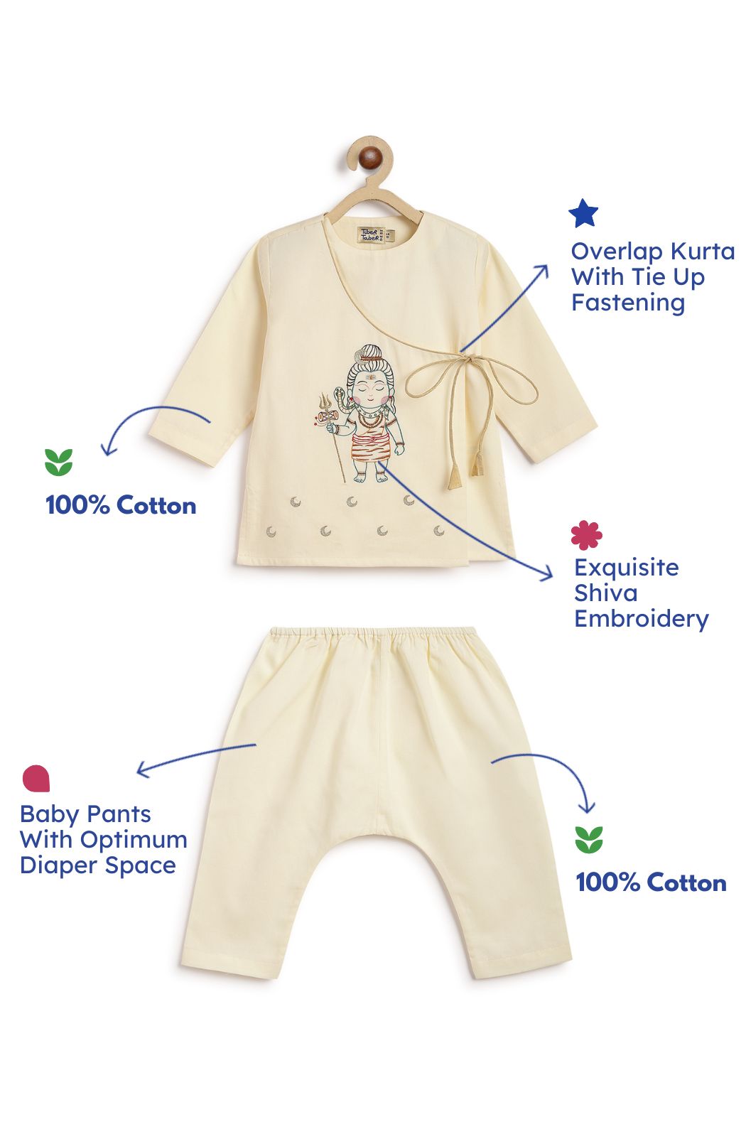 Pre Order: Baby Boy Shiv Kurta Pyjama Set Cream - Soft Cotton Indian Ethnic Wear for Newborns & Infants - Perfect for Festivals, Weddings & Family Gatherings