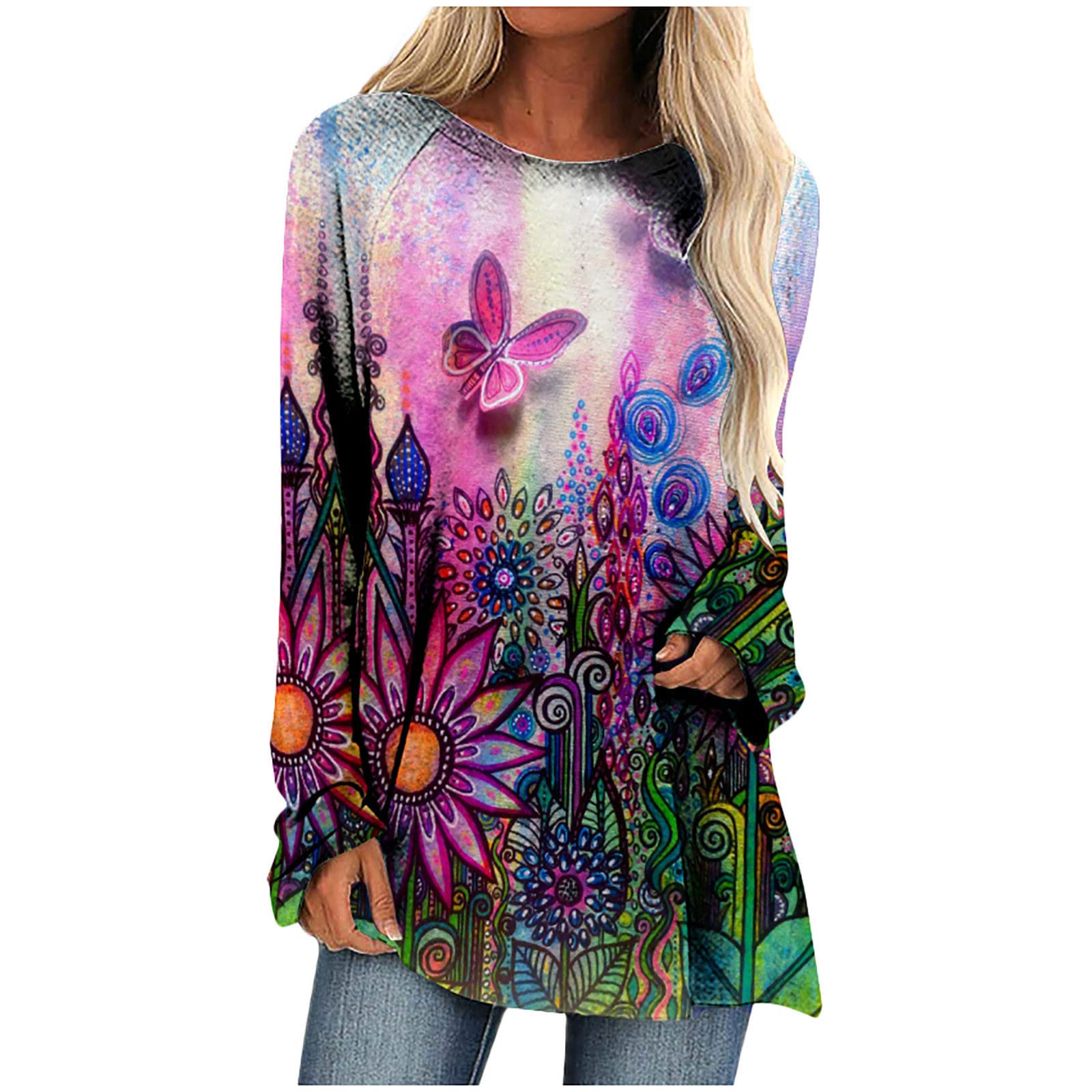 Women's Floral Printed Loose Fit Long Sleeve T-Shirt - Classic Crewneck Blouse & Casual Tunic Top for Summer Wear | Perfect for Daily Outfits, Office Wear & Weekend Relaxation