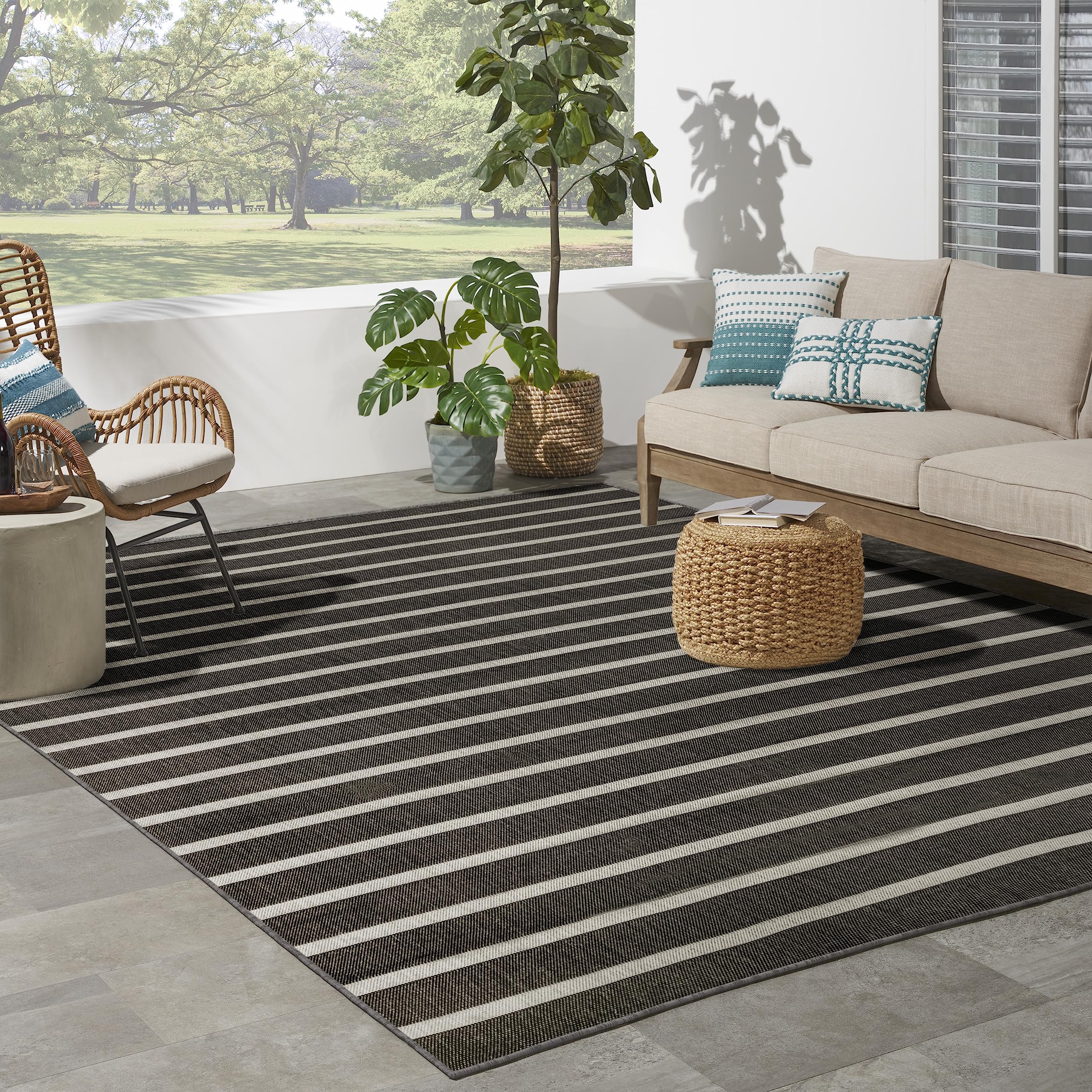 Nourison Positano 8' x 10' Indoor/Outdoor Area Rug - Black Ivory, Easy to Clean, Non-Shedding, Stain Resistant | Perfect for Bedroom, Living Room, Dining Room, Backyard, Deck & Patio (8x10) - Adds Style & Comfort to Any Space