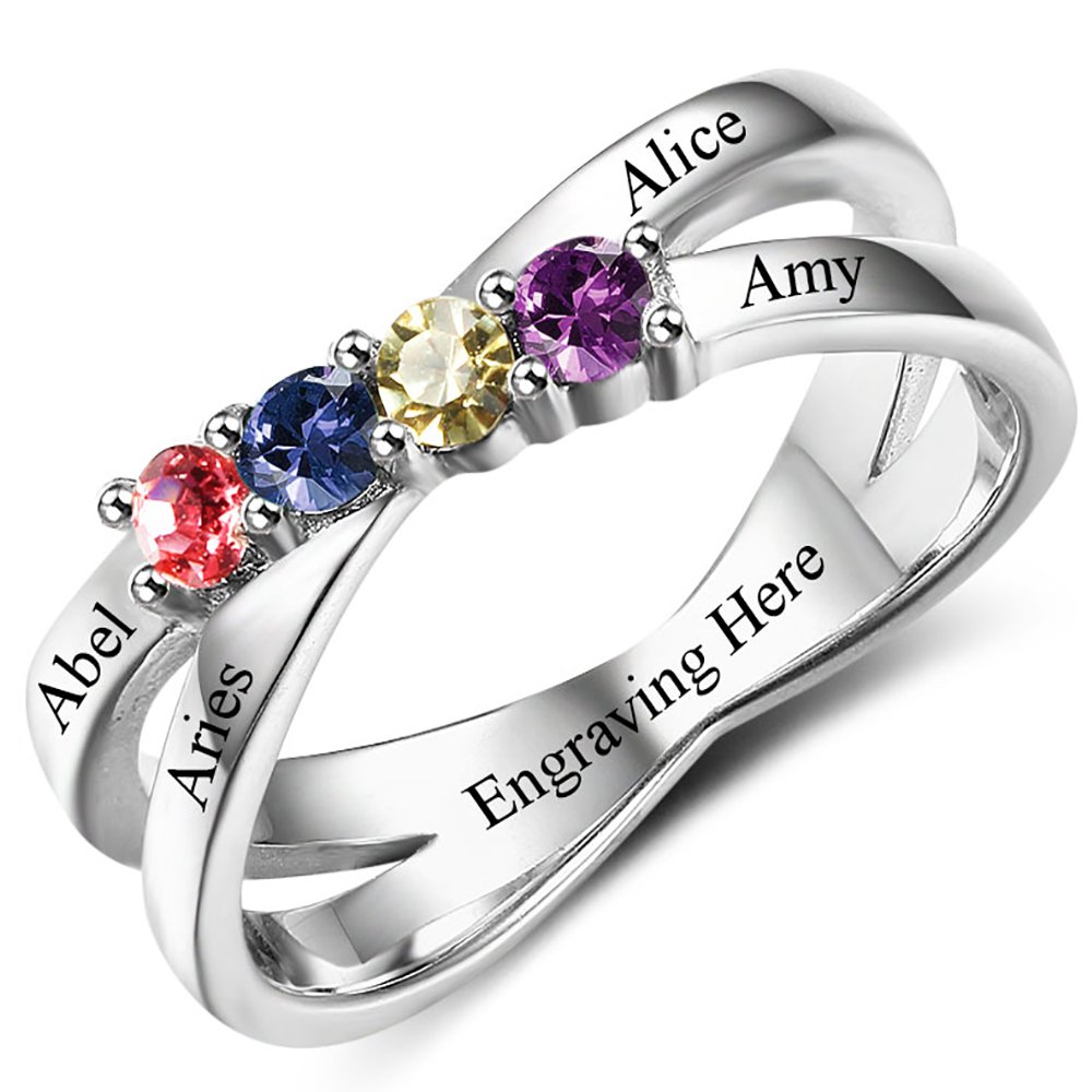Personalized Sterling Silver Mother's Ring with Birthstones - Engraved Family Names for Anniversary & Mother's Day Gifts
