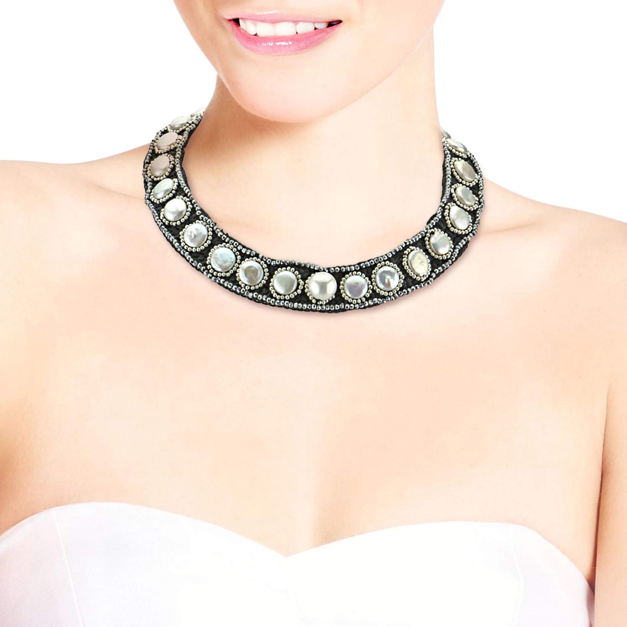 Elegant AeraVida Statement Necklace with Cultured Freshwater Pearls & Coin Embellishments | Perfect for Weddings, Parties & Special Occasions