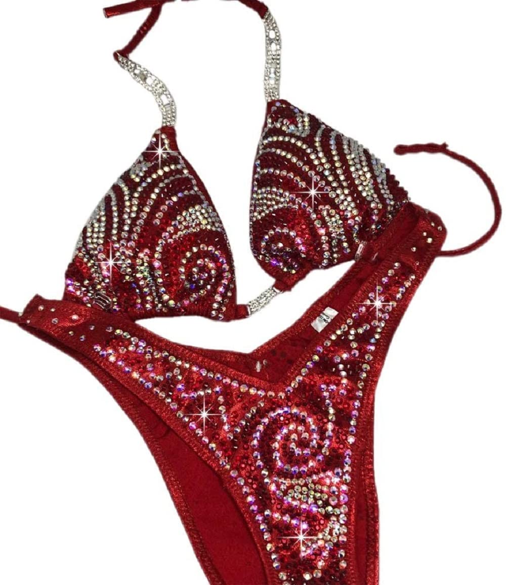 Red Crystal Bikini - Competition Swimsuit for Figure & Physique Athletes - High Cut Posing Suit for Bodybuilding, Bikini Fitness & Stage Performances