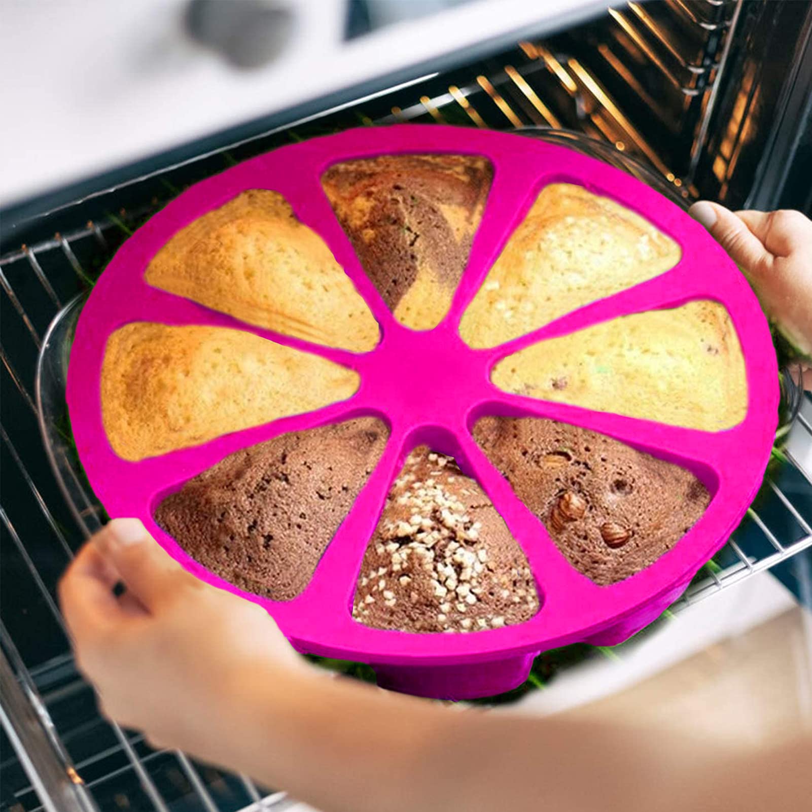 Meajore 2-Piece Silicone Baking Pan Set - 8-Cavity Triangle Cake Mold & 4-Inch Round Cake Pan for Brownies, Muffins, Cheesecake, Cornbread - Non-Stick, Flexible, Rose Red - Perfect for Home Baking, Party Desserts, and Holiday Treats