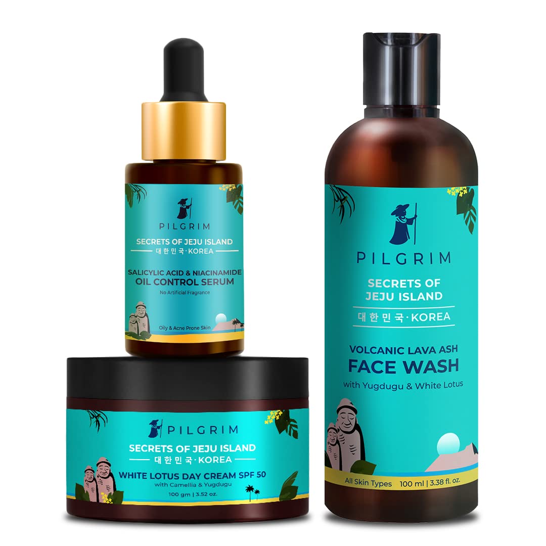 Pilgrim Glowing Skin Forever Combo - 2% Salicylic Acid & Niacinamide Oil Control Serum 30ml, Gentle Exfoliating Face Wash 100ml & Brightening Day Cream SPF 50 100g | Korean Skincare Set for Acne-Prone & Oily Skin | Perfect for Daily Routine & Travel Skincare