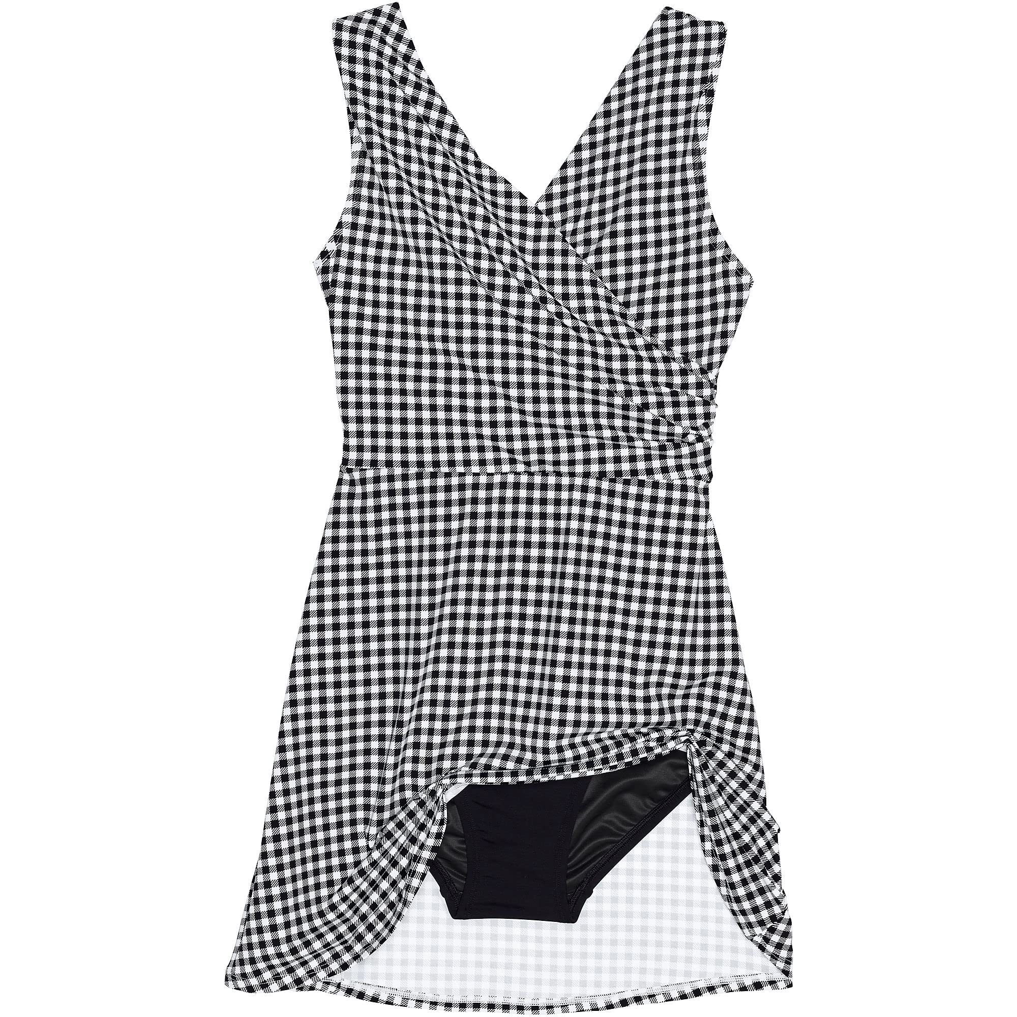 Lands' End Women's Chlorine Resistant Surplice Swim Dress with Control - Black/White Gingham Plus Size 24W | Perfect for Beach Vacations, Pool Parties & Summer Getaways