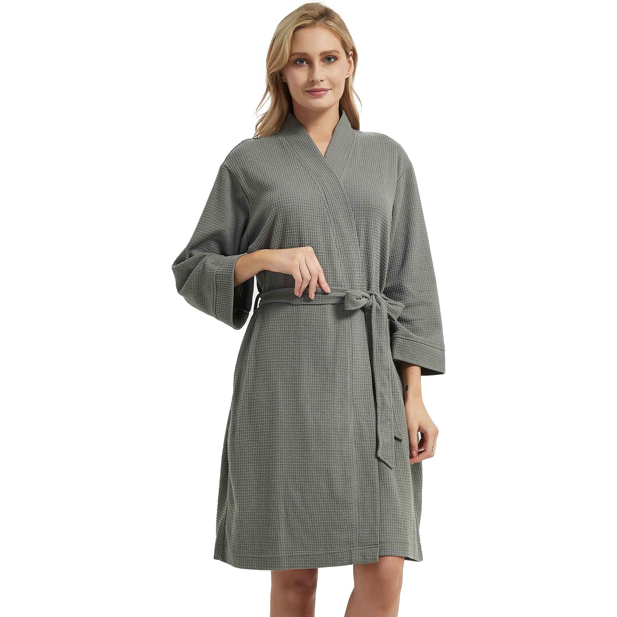 DaysU Women's Lightweight Waffle Kimono Robe - Mid-Length Bathrobe for Spa, Bath & Lounge - Soft Cotton Spa Robe for Relaxation at Home or Vacation