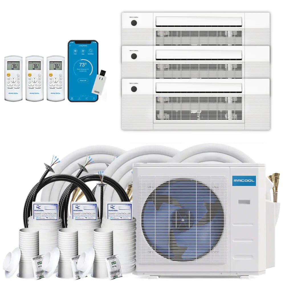 MRCOOL DIY 4th Gen 27,000 BTU 22 SEER 3-Zone Ductless Mini Split AC Heat Pump System with Ceiling Cassettes (9K+9K+12K) - Perfect for Home, Office, and Garage Cooling & Heating