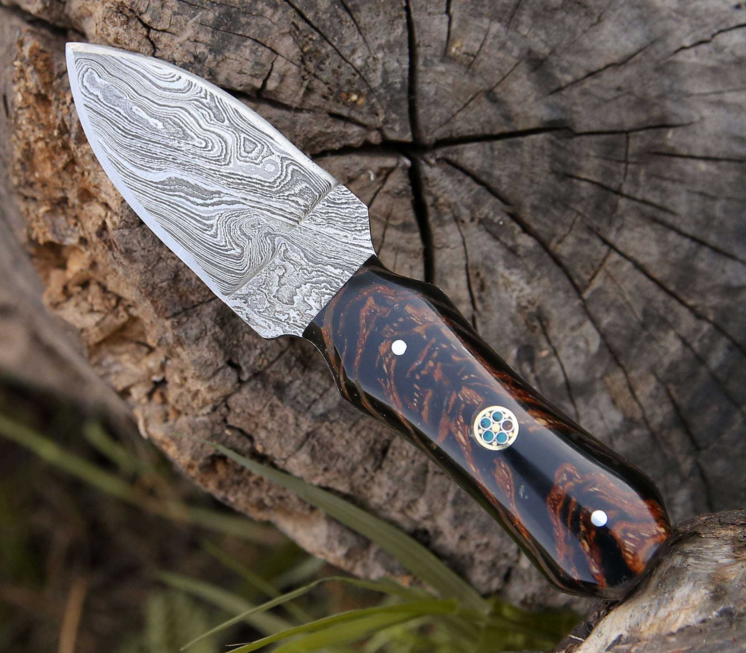 Ambush Damascus Steel Fixed Blade Pocket Knife - 6 Inch Hunting Knife with Pine Cone Handle & Leather Sheath - Perfect for Outdoor Camping, Hunting, and Survival Gear