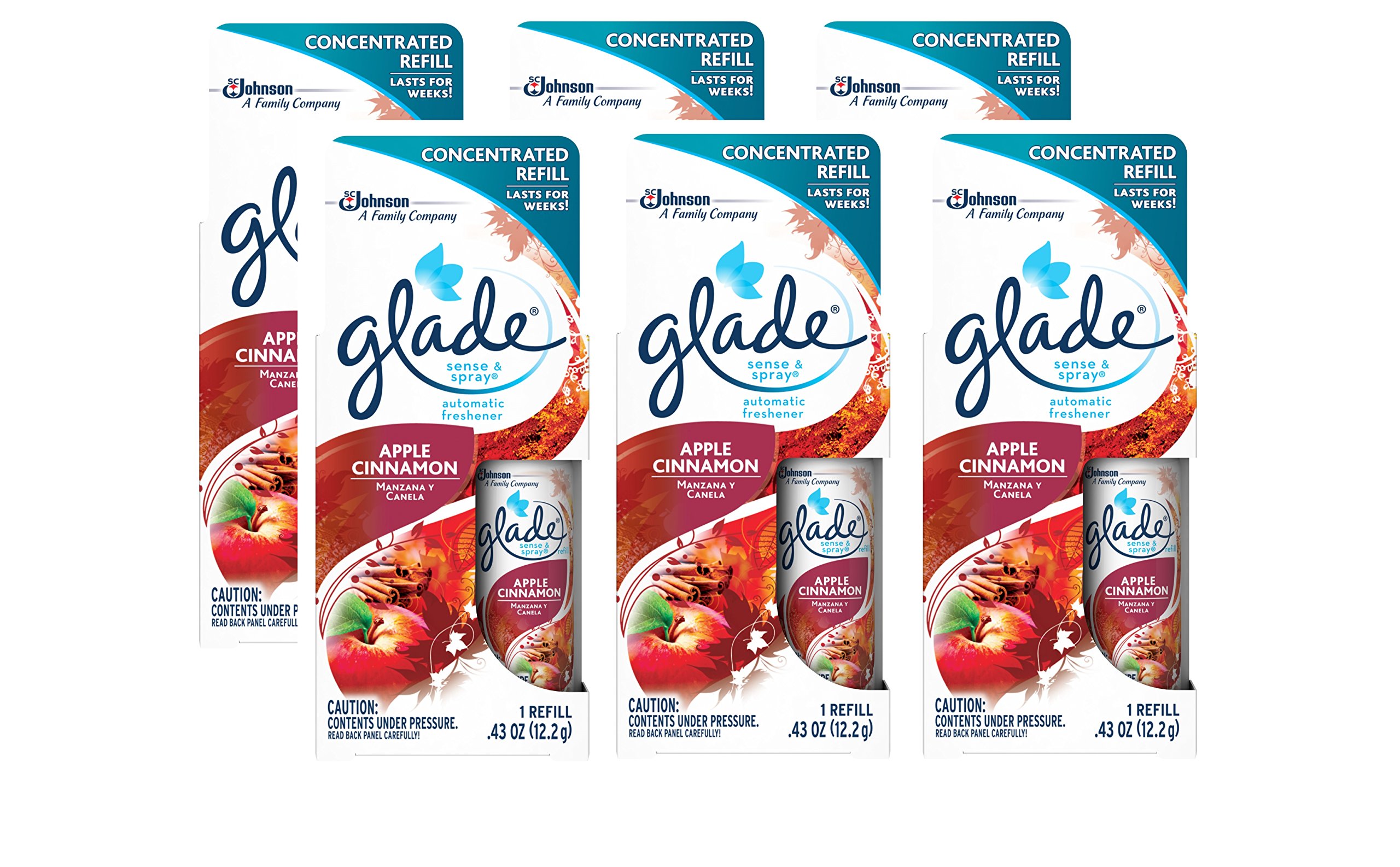 Glade Sense & Spray Automatic Air Freshener Refill - Apple Cinnamon Scent (6 Pack, 0.43 oz Each) for Home, Office, Bathroom & Car Odor Elimination