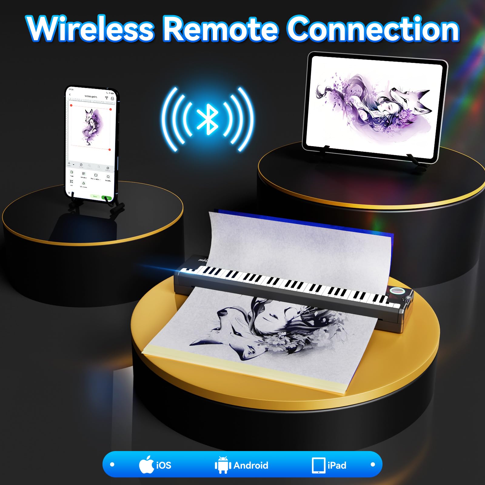 P90-Pino Wireless Tattoo Stencil Printer - Inkless Thermal Tattoo Machine with Piano Design | Portable Tattoo Printer Kit for Phone, Tablet & PC | Perfect for Professional Tattoo Artists & Home Tattoo Enthusiasts