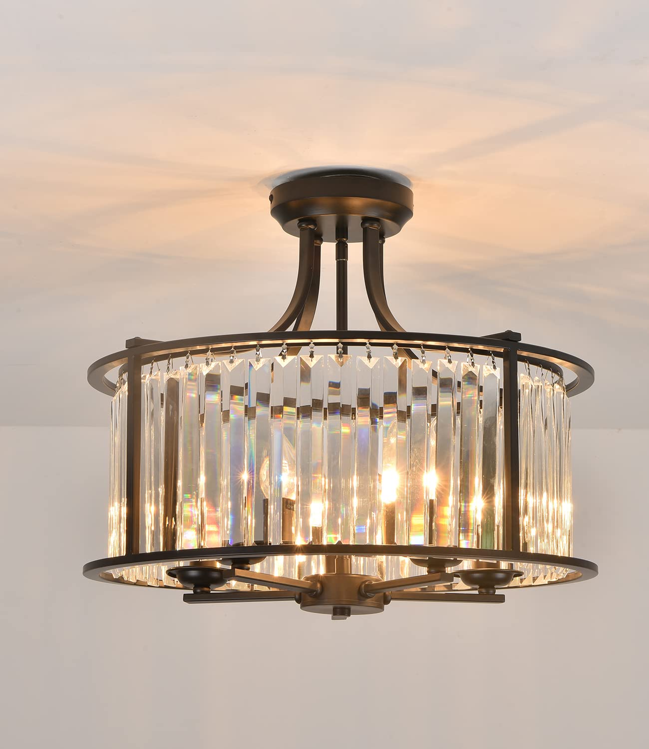 5-Light Black Semi Flush Mount Crystal Chandelier - Modern Metal Ceiling Light Fixture for Living Room, Dining Room, Kitchen, Bedroom, Foyer & Hallway - 19.69