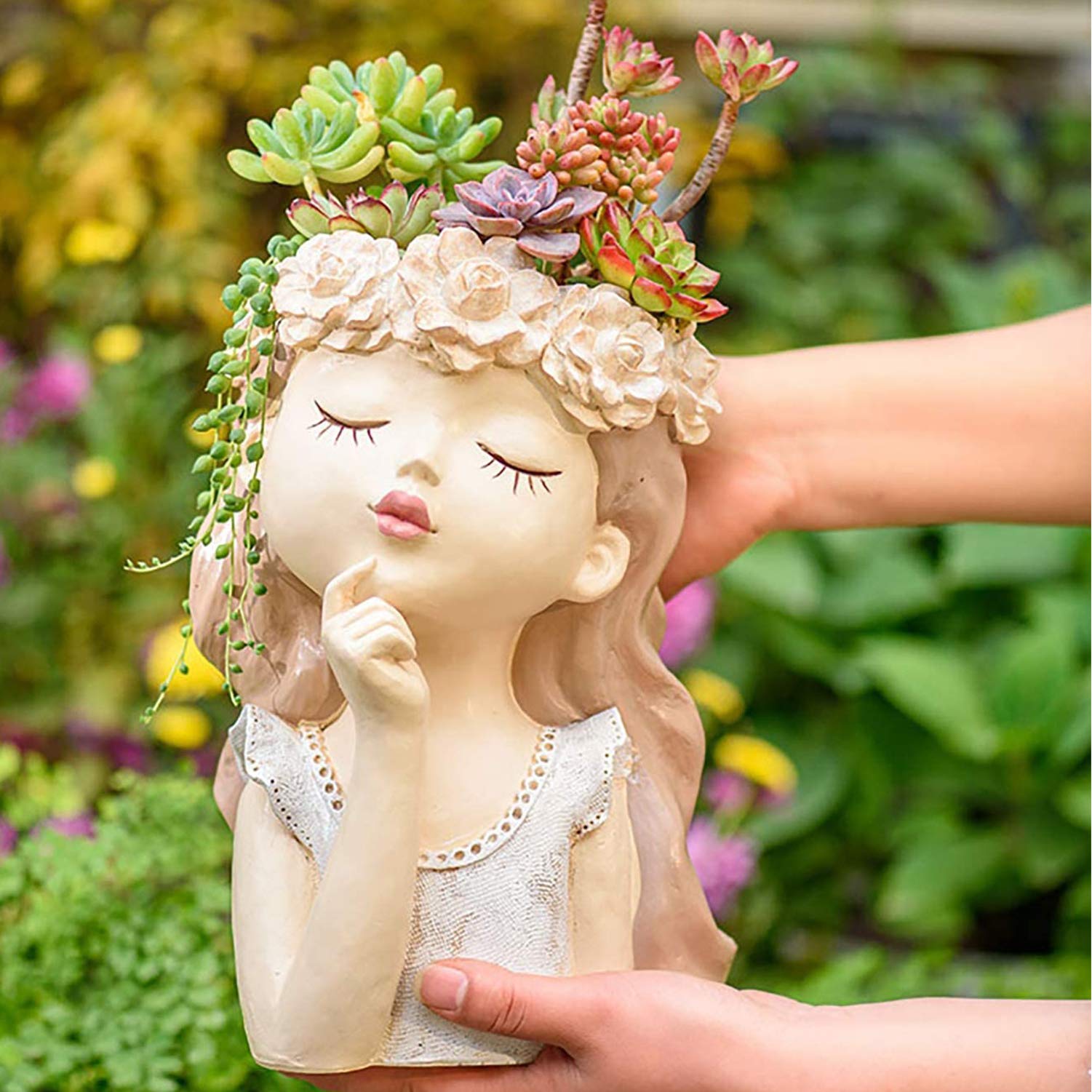 Head Planter Succulent Pots - Cute Resin Face Flower Pot with Drainage for Cactus & Plants - Creative Home & Office Decor Gift for Women & Men (7.3x6.5x10.6 Inch) - Perfect for Indoor Gardens, Desk Decor, and Unique Housewarming Gifts