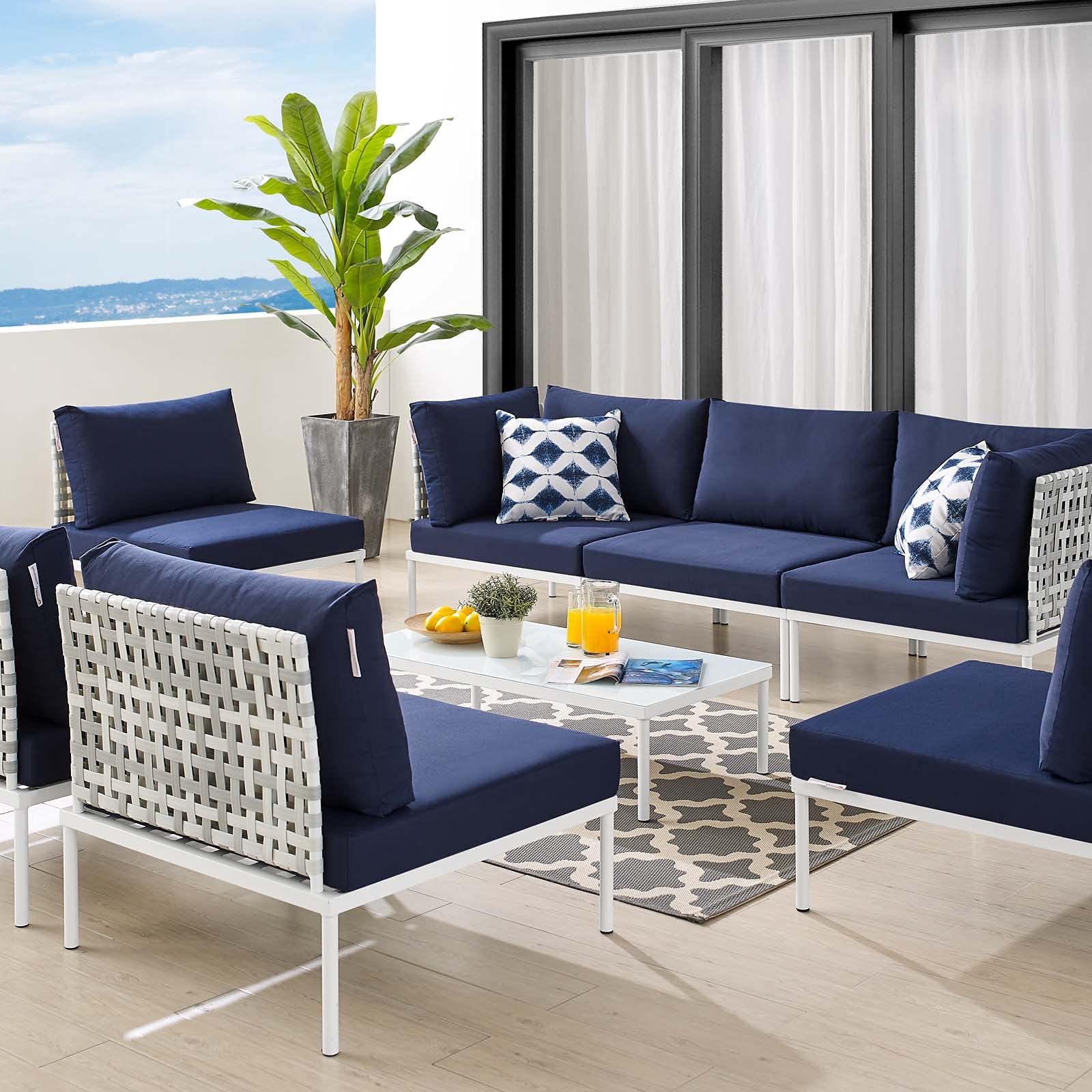 Modern Navy Blue Aluminum Lounge Sectional Sofa Set with Table - Outdoor Patio Furniture for Garden, Poolside & Cafe Relaxation