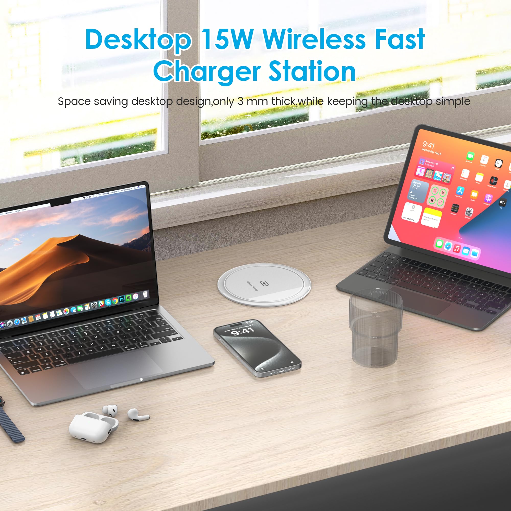 15W Wireless Charger Pop Up Outlet with 4 AC Outlets & 20W PD USB Fast Charging - 4.75 Inch Desk Power Grommet with 6FT Cord for Office, Conference Room, Kitchen, Home and Workspace Use