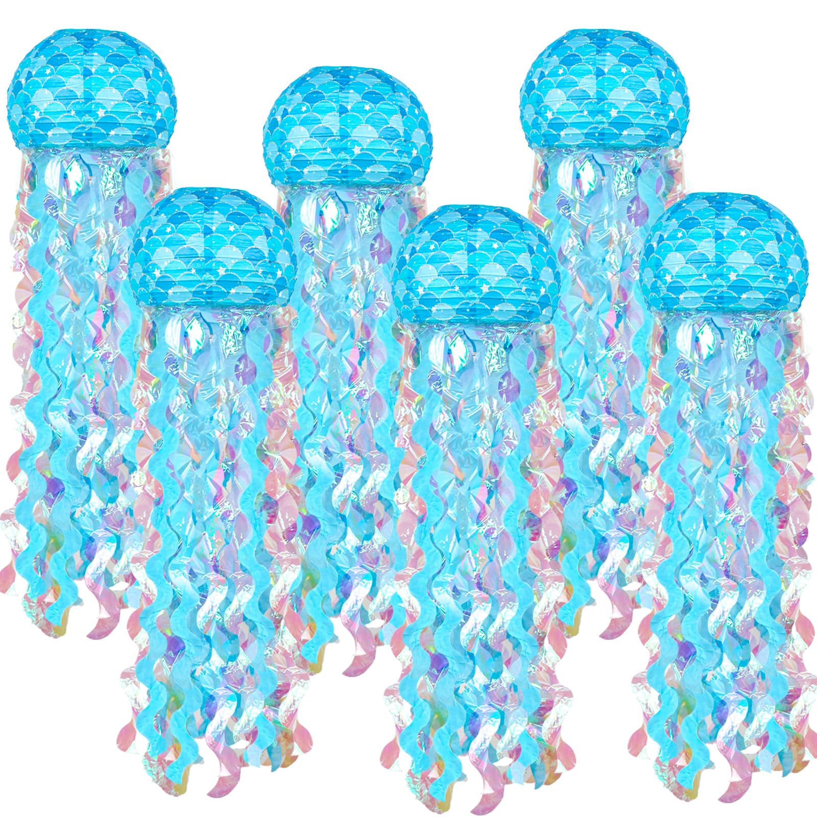 6 Pack Blue Mermaid Hanging Jellyfish Paper Lanterns - Under The Sea Party Decorations for Ocean Theme, Girls Birthday & Baby Shower - Perfect for Mermaid Themed Parties, Nursery Decor and Underwater Photo Backdrops