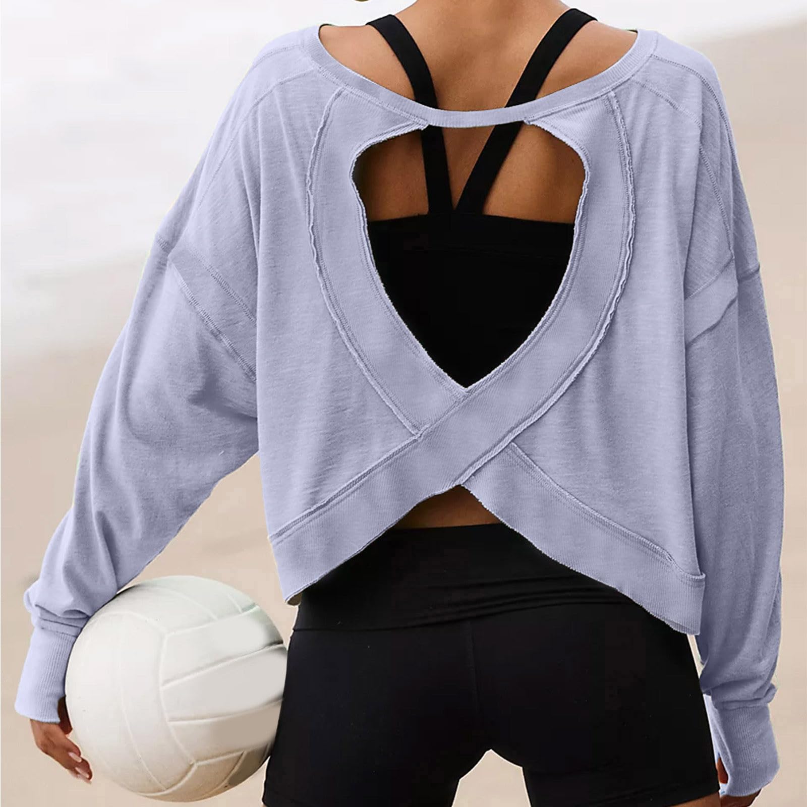 Women's Oversized Open Back Sweatshirt - Long Sleeve Backless Cropped Off Shoulder Crewneck Workout Top for Yoga, Gym & Casual Wear
