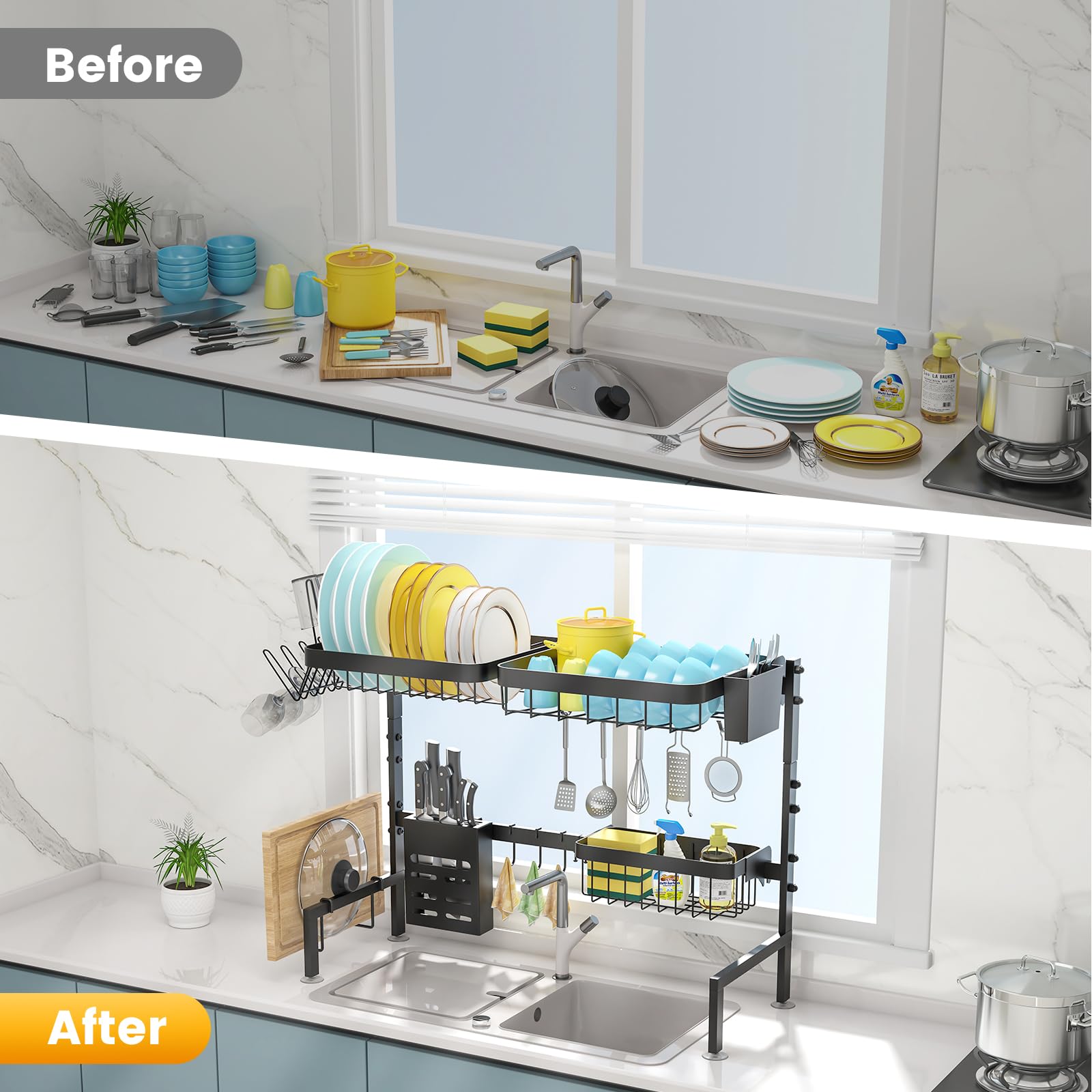 MERRYBOX 2-Tier Adjustable Stainless Steel Over The Sink Dish Drying Rack (25.6-33.5in) with Cutting Board Holder - Space Saving Kitchen Counter Organizer for Dishes, Utensils & Cookware - Perfect for Small Kitchens, Apartments & RV Use