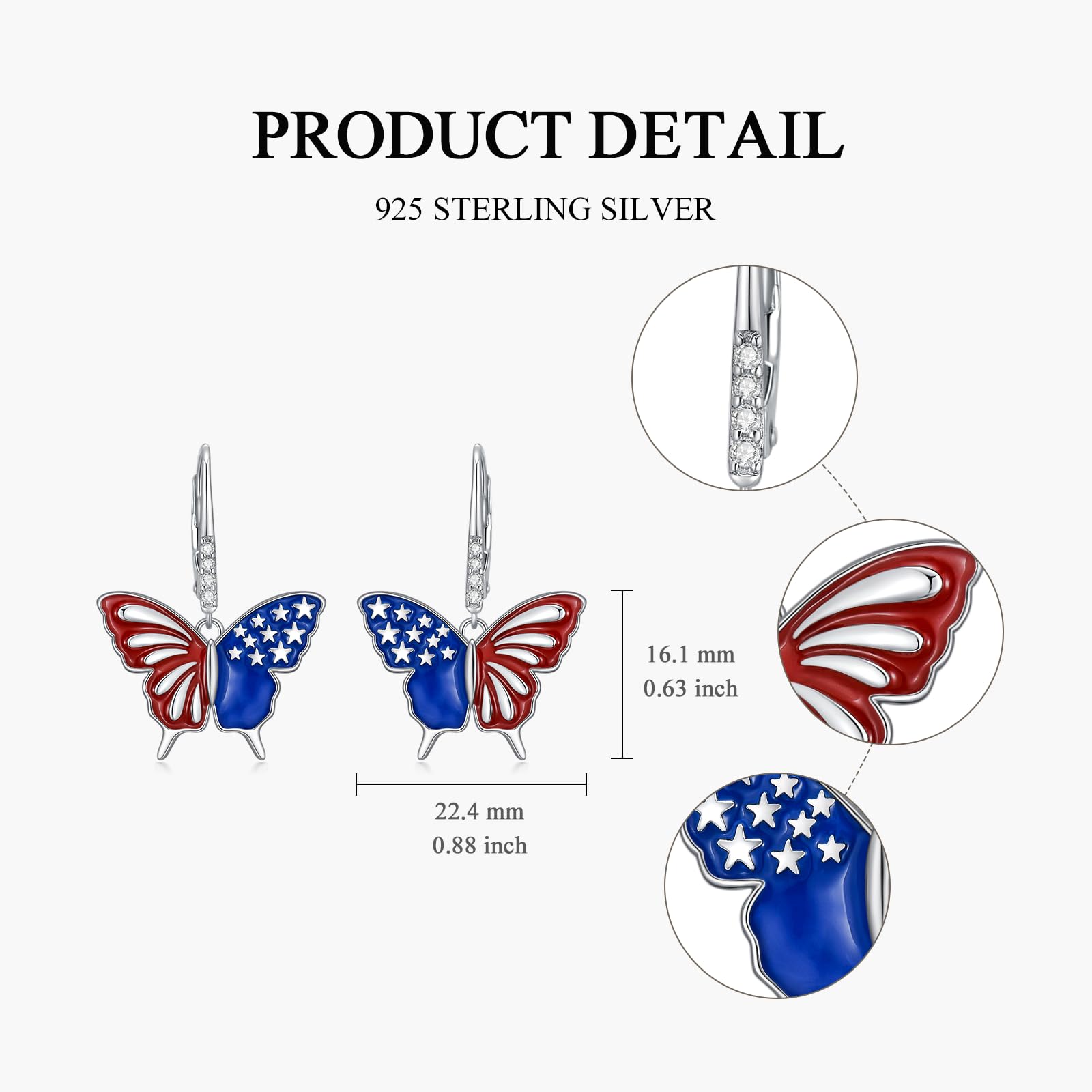 American Flag Butterfly Earrings for Women - S925 Sterling Silver Patriotic Jewelry, Red White & Blue Earrings - Perfect Gift for 4th of July, Independence Day & Summer Festivals