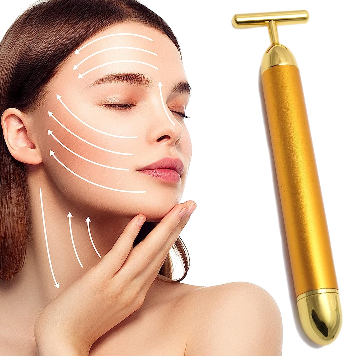 24K Gold Facial Massager Roller - Electric Vibration Beauty Bar for Anti-Wrinkle & Skin Tightening | Waterproof T-Shaped Face Roller with Gua Sha Jade Stone & Face Stone | Perfect for Home Spa, Skincare Routine & Relaxation Therapy