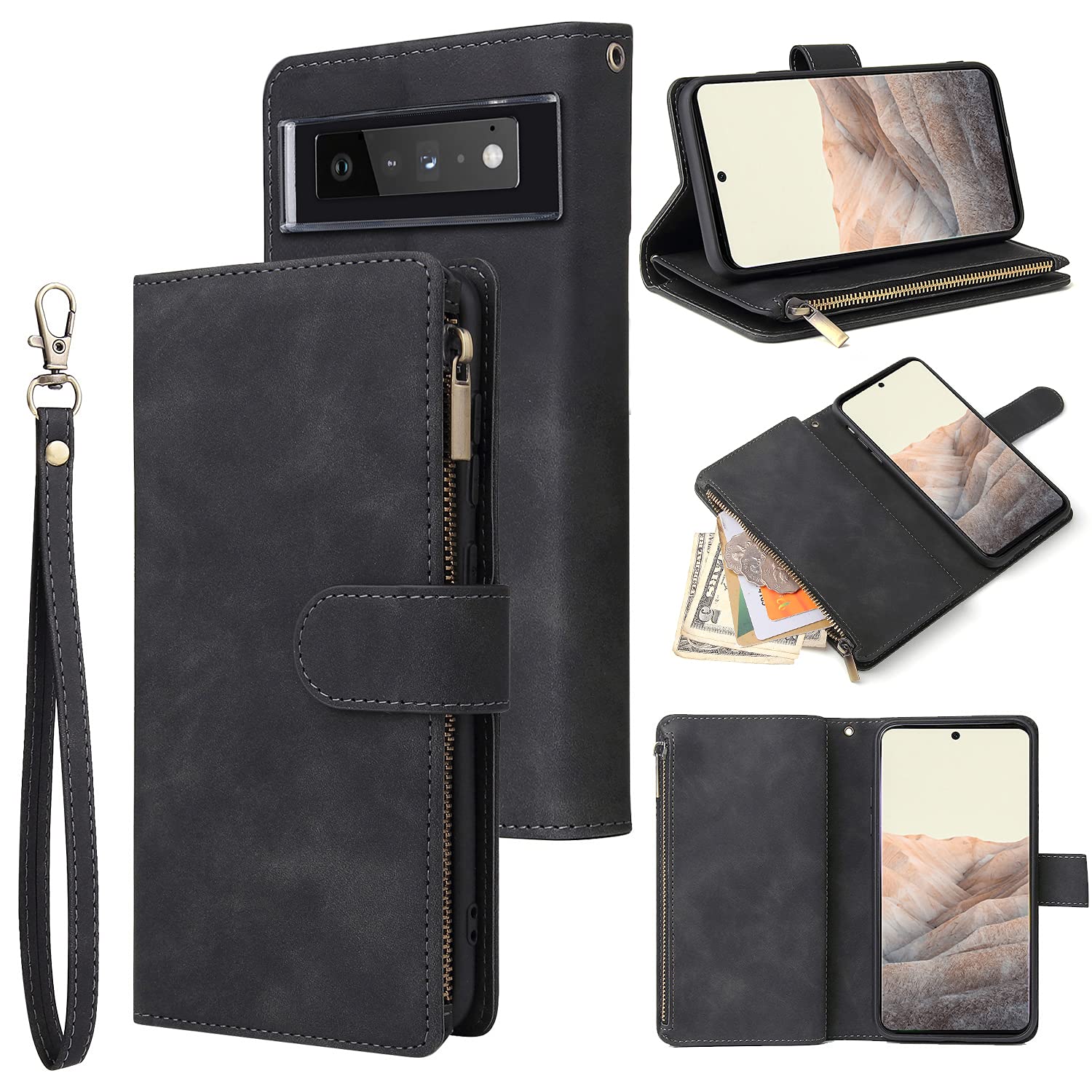 Google Pixel 6 Pro Magnetic Leather Wallet Case with Card Holder & Hand Strap - Shockproof Flip Cover with Zipper Pocket & Stand Feature - Perfect for Everyday Use, Travel & Business (Black)