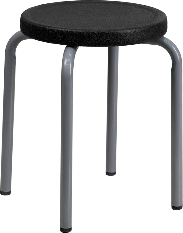 FLASH Stackable Stool with Black Seat & Silver Powder Coated Frame - Modern Bar Stool for Kitchen, Dining Room & Outdoor Patio - Space Saving Stackable Design