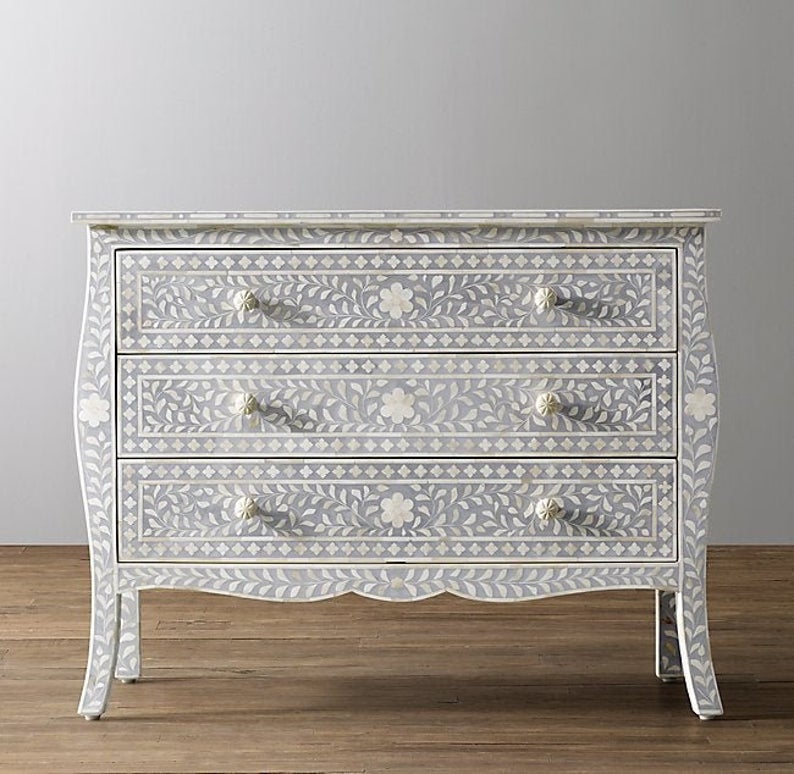 Handmade Bone Inlay 4-Drawer Colonial Dresser - Light Gray French Style Chest of Drawers for Bedroom, Living Room & Home Decor