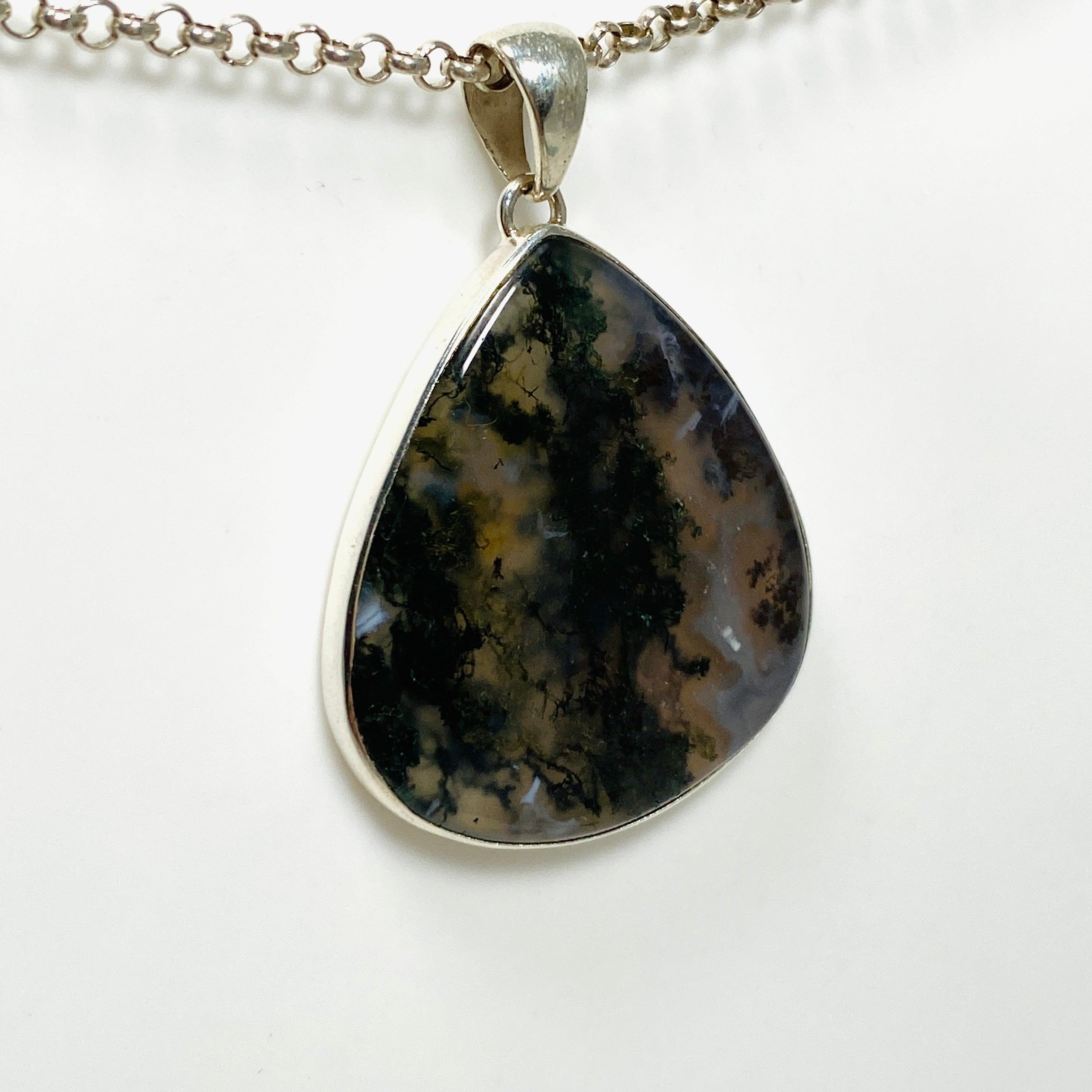 Natural Moss Agate Teardrop Pendant Necklace - 925 Sterling Silver Jewelry KPGJ3623 | Elegant Gift for Women, Boho Chic Accessory for Everyday Wear & Special Occasions