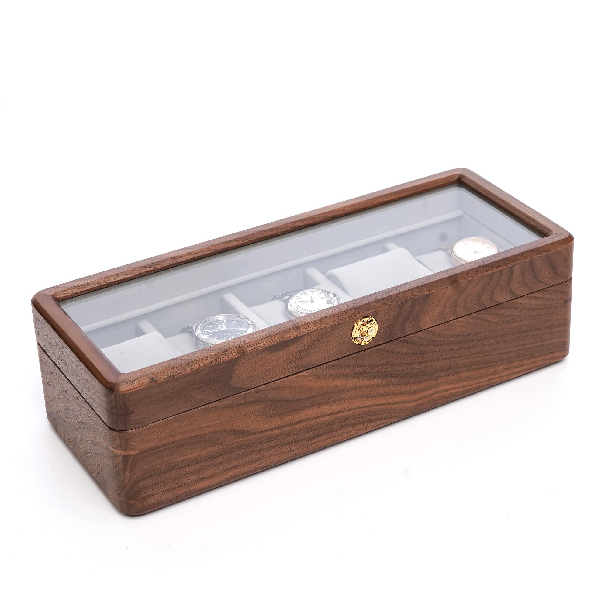 DESAINOPH® Luxury Wooden Watch Box Organizer - Walnut Solid Wood Watch Storage Case with Glass Lid - Perfect for Men's Watch Collection Display & Gift Giving - Ideal for Dresser, Closet, or Travel Watch Organization