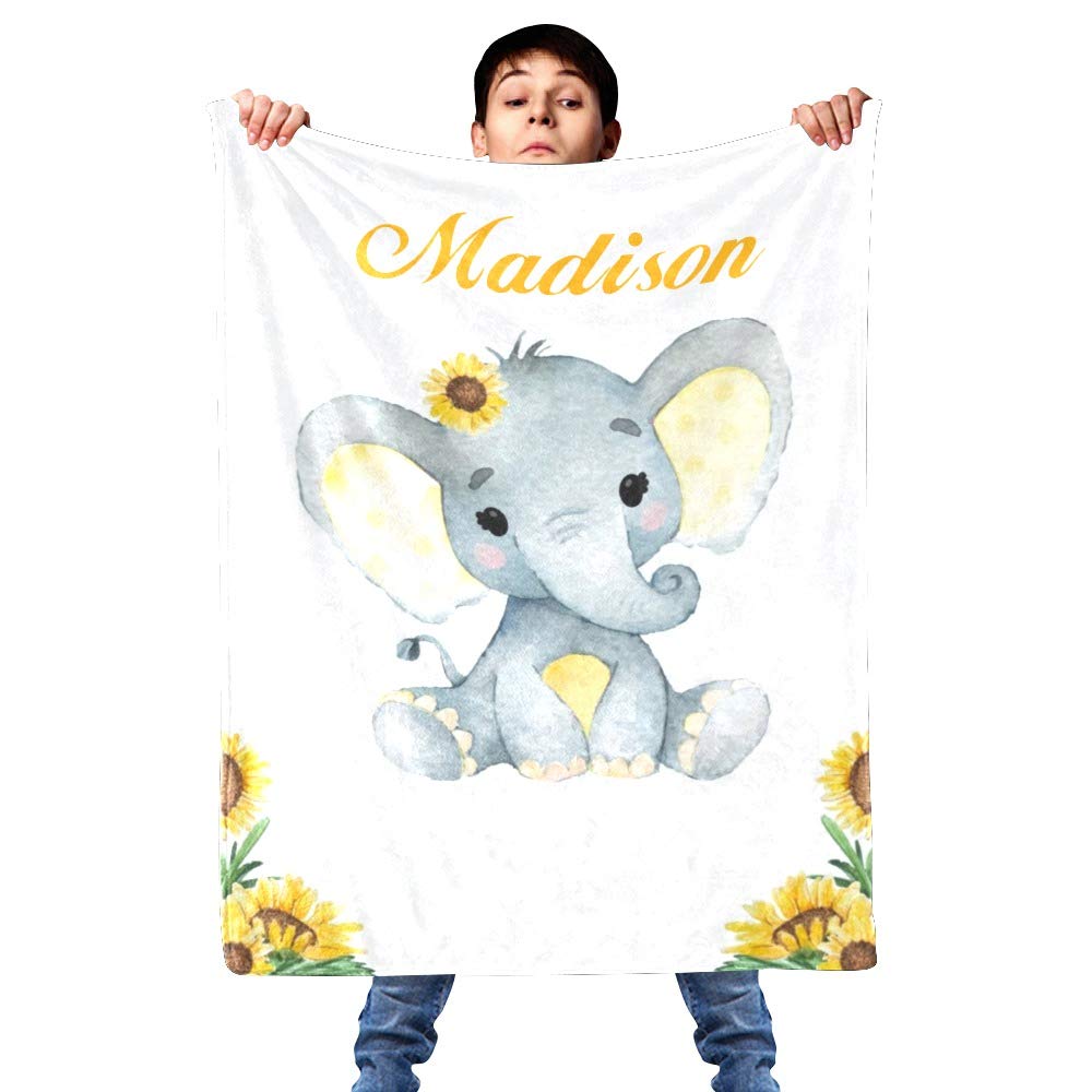 Personalized Kids Fleece Blanket with Name - Custom Elephant Baby Floral Throw Blanket for Bed (30